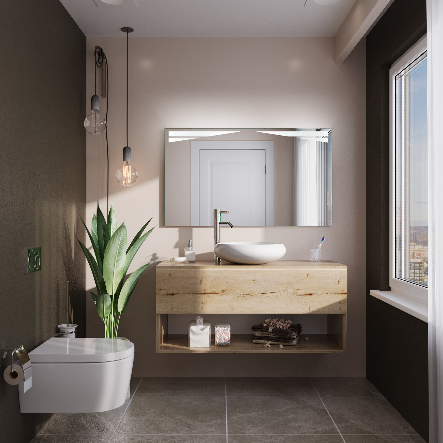 Badspiegel Toulouse mit eingeschalteter LED-Rahmenbeleuchtung über einem Holzwaschtisch mit weißem Aufsatzbecken in einem modernen Badezimmer mit dunkelgrauen Wänden und DesignerleuchtenRetry