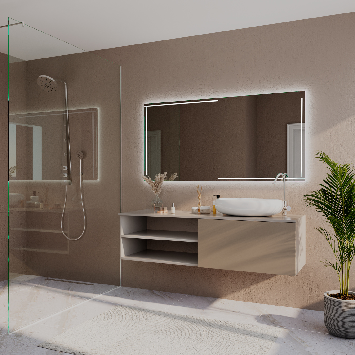 VIAREGGIO LED-Badspiegel mit eingeschalteter Beleuchtung, 1500x1500 mm, rechteckig mit leuchtendem Rahmen, seitliche Perspektive, über weißem rechteckigem Aufsatzwaschbecken auf modernem Waschtisch mit offenen Fächern, braune Wand, Duschbereich, Pflanze
