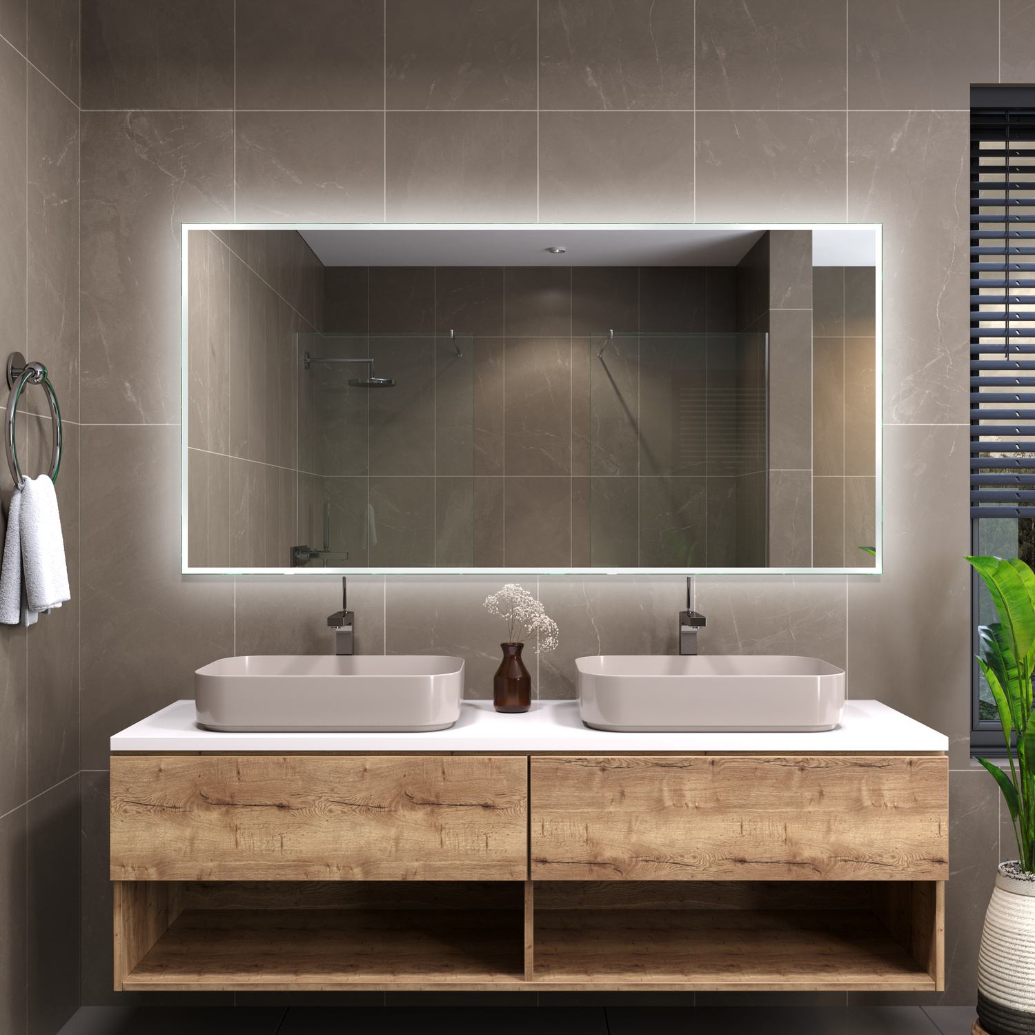 Badspiegel Sete 20 in Nahaufnahme mit eingeschalteter LED-Beleuchtung – elegantes, rahmenloses Design mit gleichmäßigem Lichtschein.