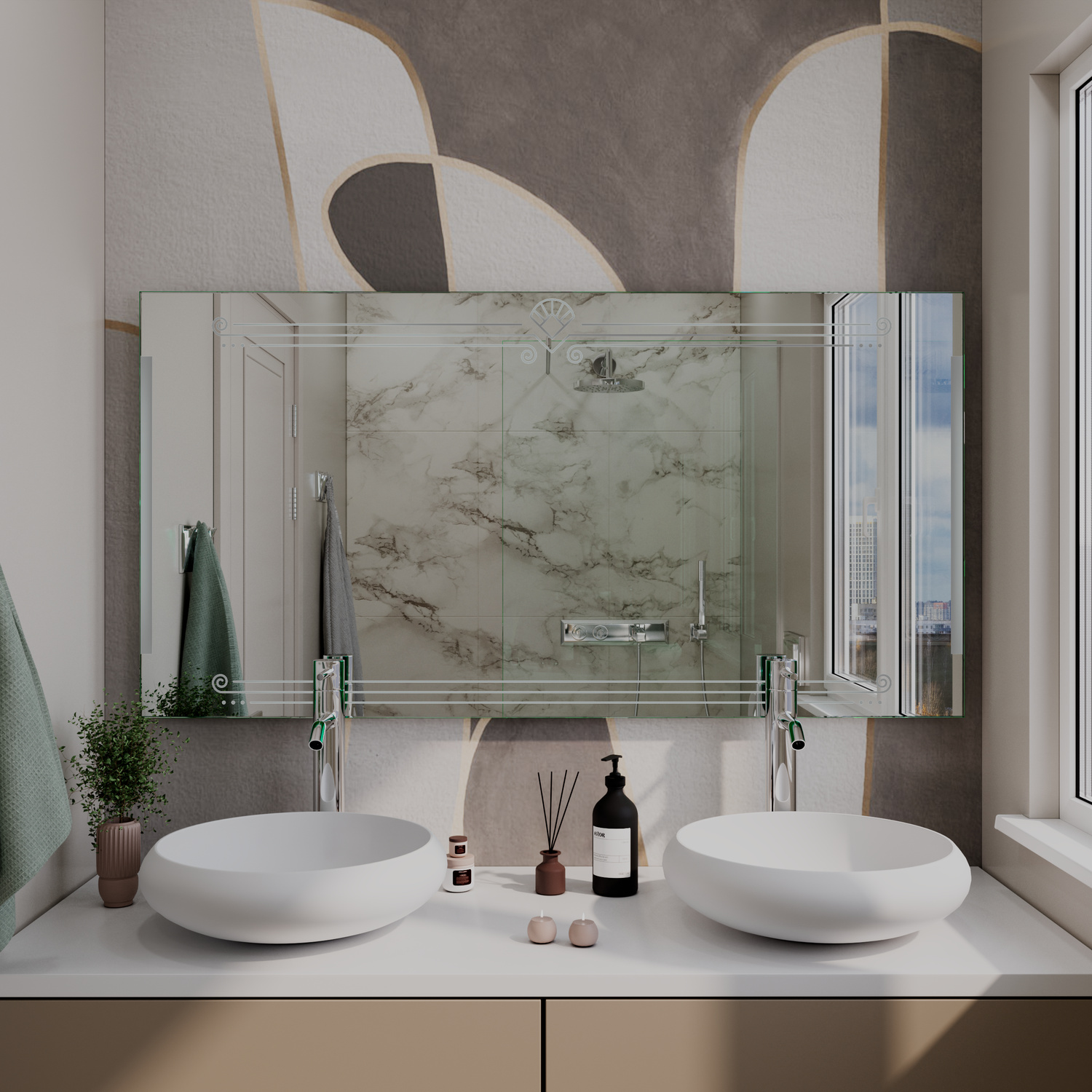 LD436 Badspiegel-Set ausgeschaltet, 1500x1500 mm, zwei rechteckige Spiegel über Doppelwaschtisch mit weißen Aufsatzwaschbecken, grau-weiße Wandgestaltung mit Bögen, Marmor-Rückwand, elegantes modernes Badezimmer