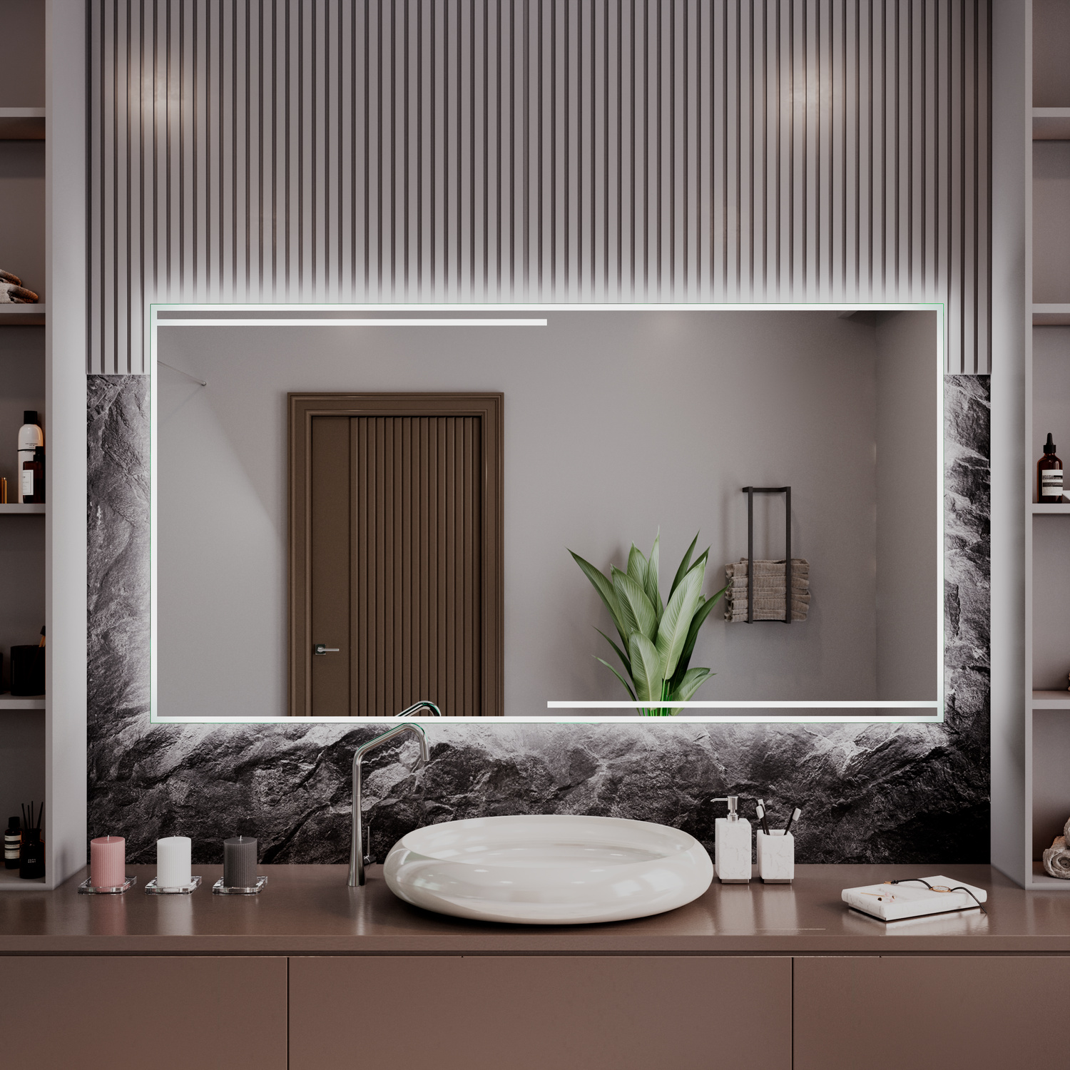 POTENZA LED-Badspiegel mit eingeschalteter Beleuchtung, 1500x1500 mm, leuchtender warmweißer umlaufender Rahmen, in weiße Wandnische eingelassen, gerahmt von dunklen Paneelen, über Waschtisch mit schwarzer Marmorfront und weißem Aufsatzwaschbecken, luxuri