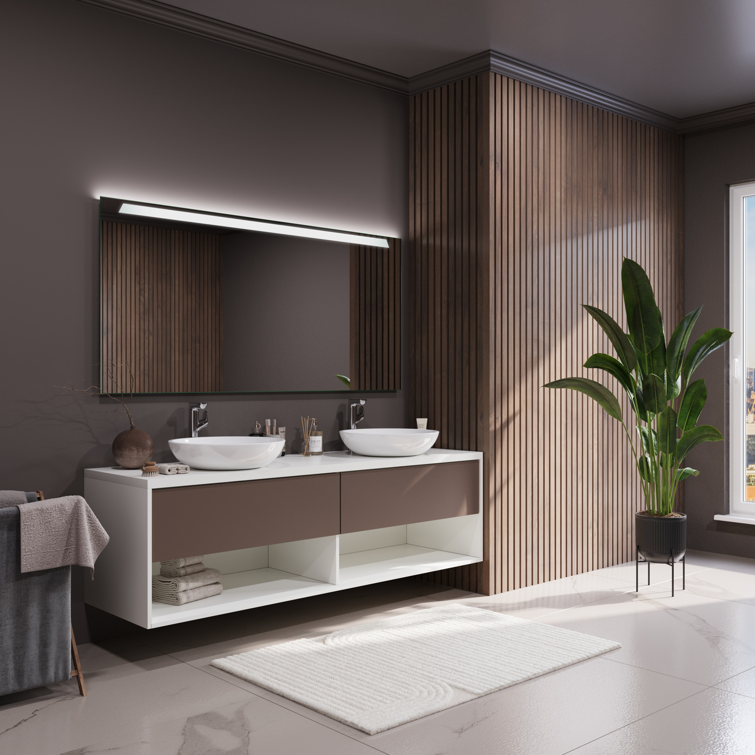 CALELLA LED-Badspiegel mit eingeschalteter Beleuchtung, 1500x1500 mm, rechteckig mit leuchtender oberer LED-Leiste, seitliche Perspektive, über weißem ovalem Aufsatzwaschbecken auf dunklem Waschtisch, schwarze Marmor-Rückwand, schwarze Armatur, luxuriöses