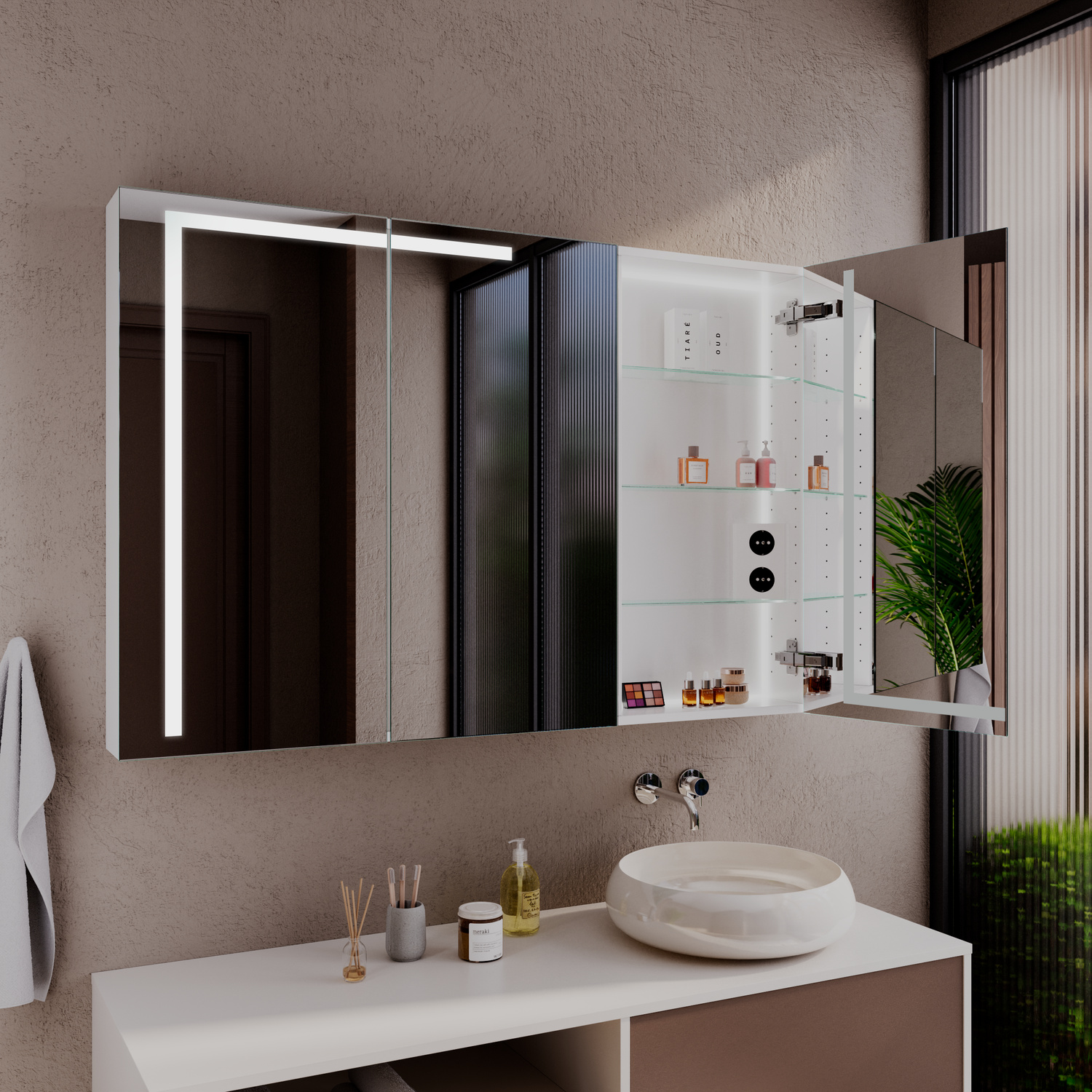 LEVANGER rechteckiger LED-Spiegelschrank mit eingeschalteter Beleuchtung, 1500x1500 mm, leuchtend mit warmweißem Lichtrahmen und integrierter Ablage, über zweifarbigem Waschtisch mit weißem rundem Aufsatzwaschbecken, modernes Bad