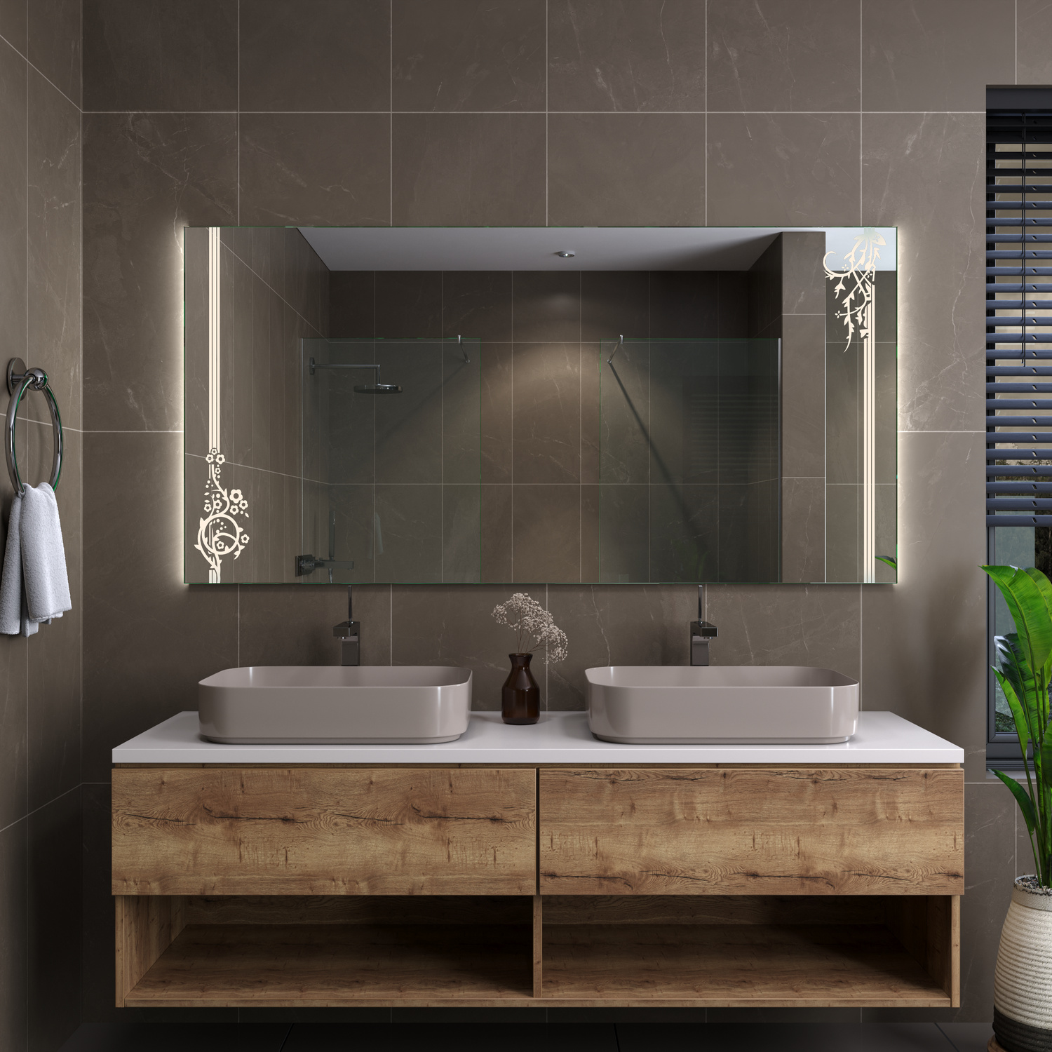 TARENT LED-Badspiegel mit eingeschalteter Beleuchtung, 1500x1500 mm, warmweißes Licht in zwei seitlichen vertikalen Streifen, rechteckig rahmenlos, über Holzwaschtisch mit zwei weißen rechteckigen Aufsatzwaschbecken, modernes Bad mit Fliesenwand