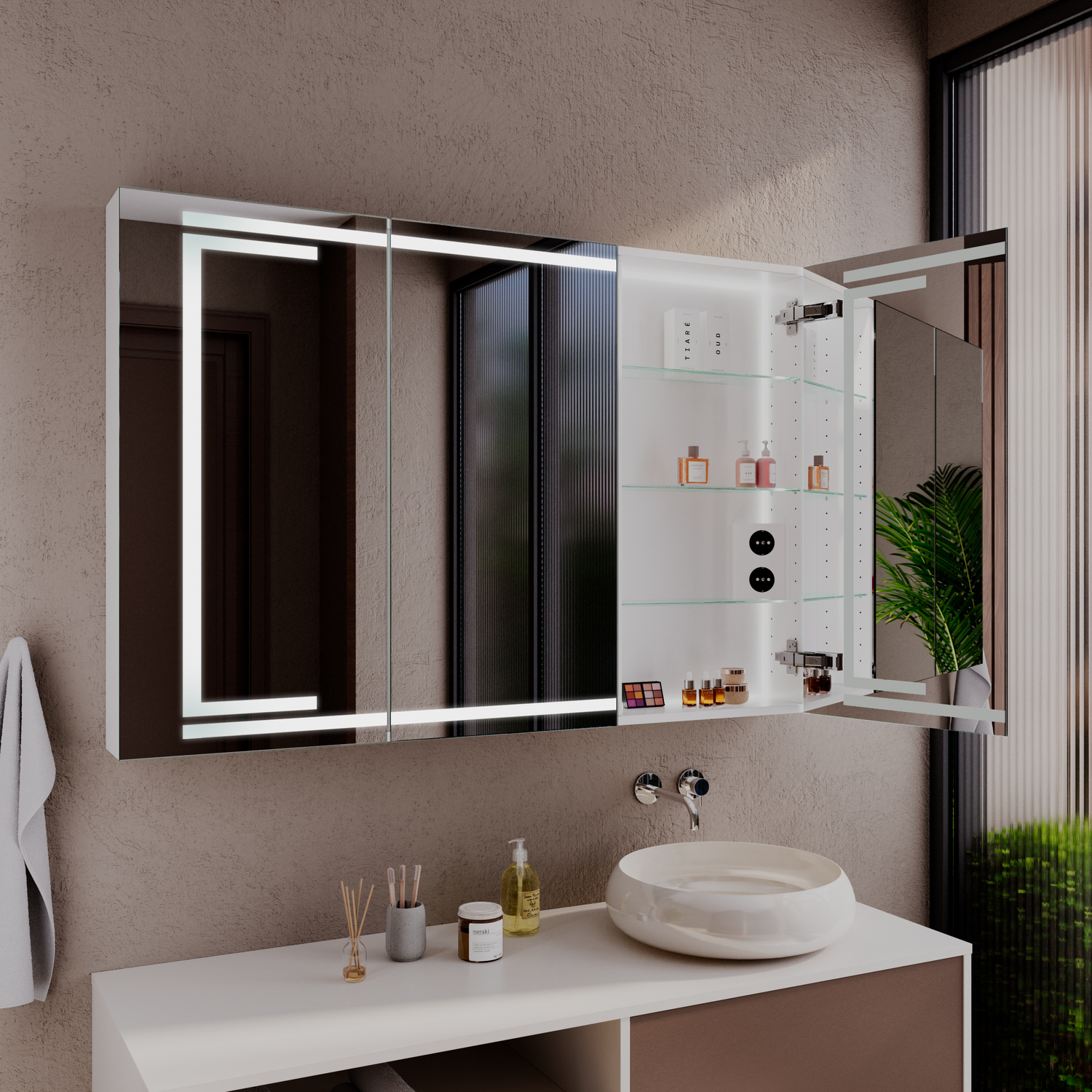 MANDAL Spiegelschrank mit zwei Spiegeltüren und eingeschalteter warmweißer Beleuchtung, 1500x1500 mm, leuchtender Lichtrahmen, über weißem Aufsatzwaschbecken auf taupefarbenem Waschtisch, modernes Bad mit Dusche