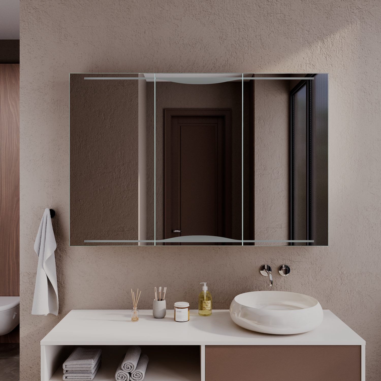 AVA rechteckiger LED-Spiegelschrank mit ausgeschalteter Beleuchtung, 1500x1500 mm, Nahaufnahme mit geöffneten Schiebetüren und Innenregal, über zweifarbigem Waschtisch mit weißem rundem Aufsatzwaschbecken und Wandarmatur