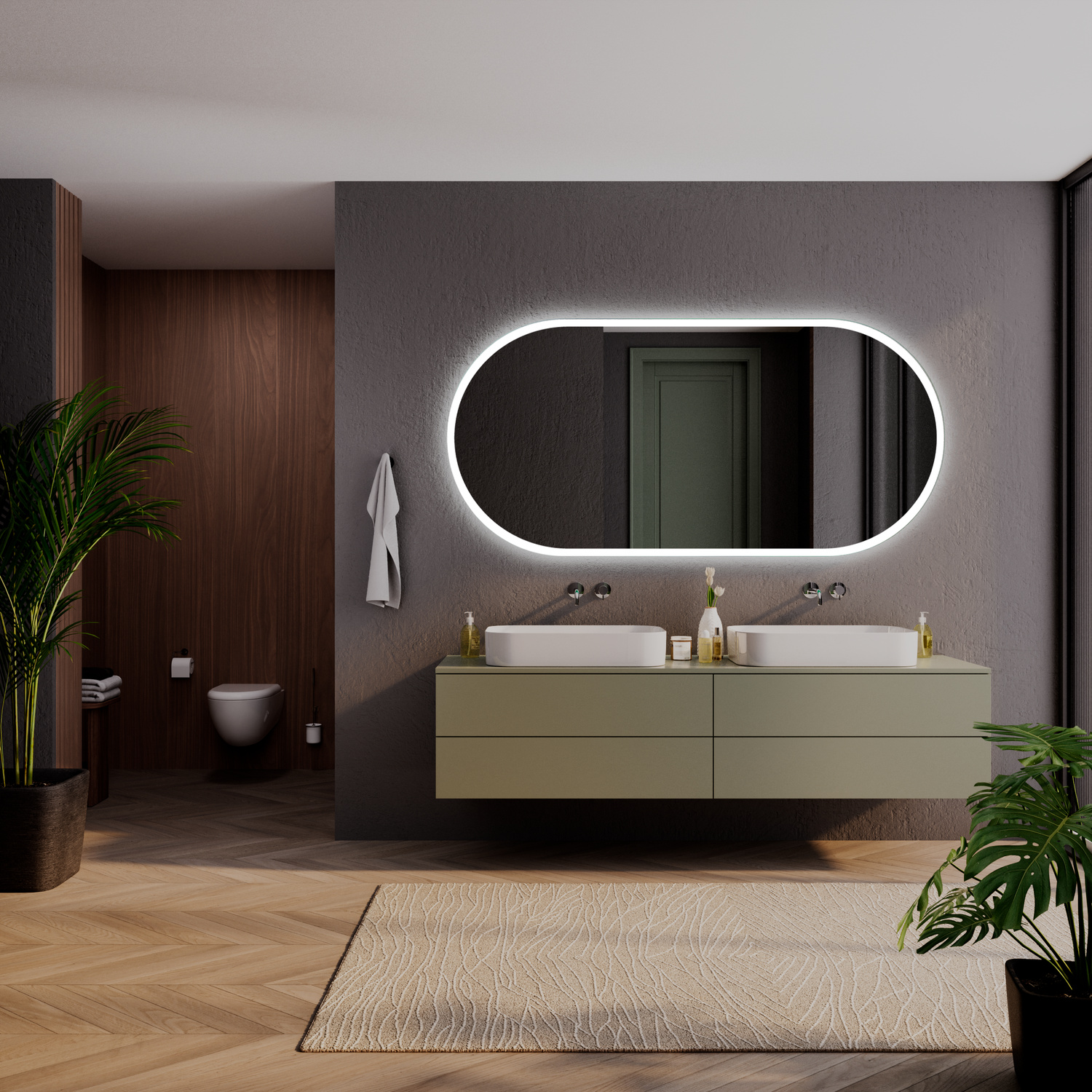 "SETE OV20 ovaler LED-Badspiegel mit eingeschalteter Hintergrundbeleuchtung, 1500x1500 mm, leuchtend mit warmweißem Lichtrahmen, 20mm Randabstand, über schwebendem beigen Waschtisch, elegantes Bad mit grauer Wand