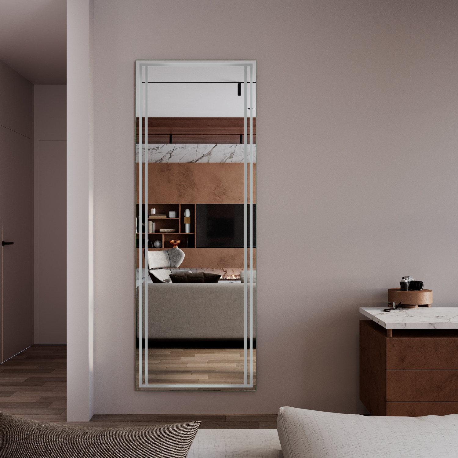 PALERMO LED-Ganzkörperspiegel rechteckig, 1500x1500 mm, Beleuchtung ausgeschaltet, bodenstehend an weißer Wand, mit horizontalen Spiegelstreifen-Design, modernes Bad mit braunem Waschtisch rechts, minimalistisches Design