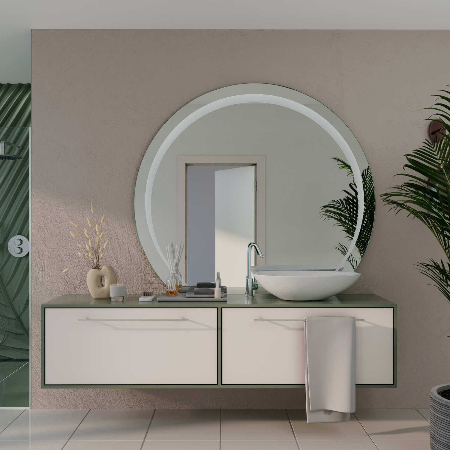 CRATO C1 runder LED-Badspiegel mit ausgeschalteter Beleuchtung, 1500x1500 mm, weißer Rahmen, über modernem weißem Waschtisch mit Schubladen, beige Wand, Pflanzen und Dekoration, minimalistisches Bad, Gesamtansicht