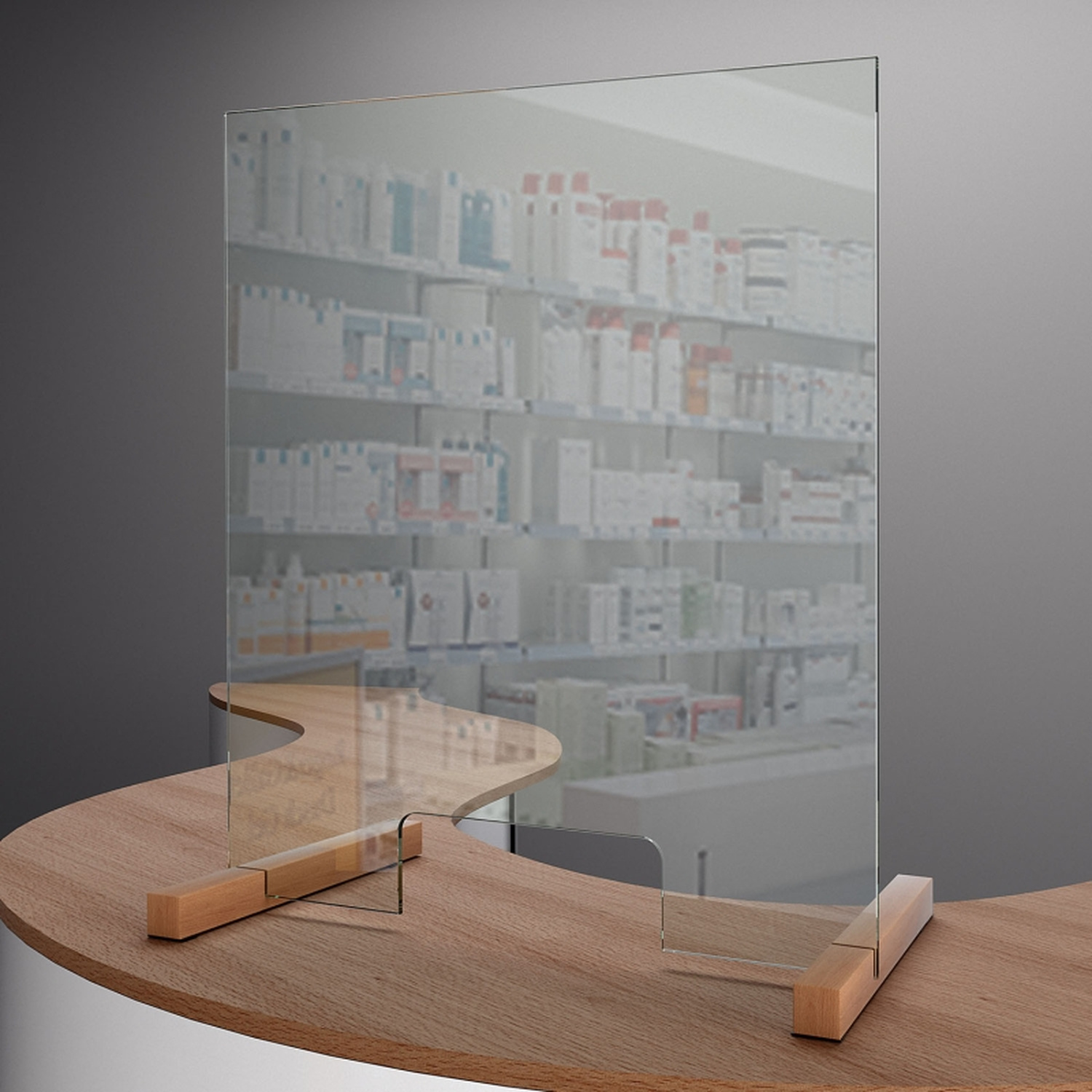 Sicherheitsglasscheibe Modell ESG A1 mit Holzfüßen und Durchreiche auf Verkaufstheke in Apotheke oder Ladenumgebung.