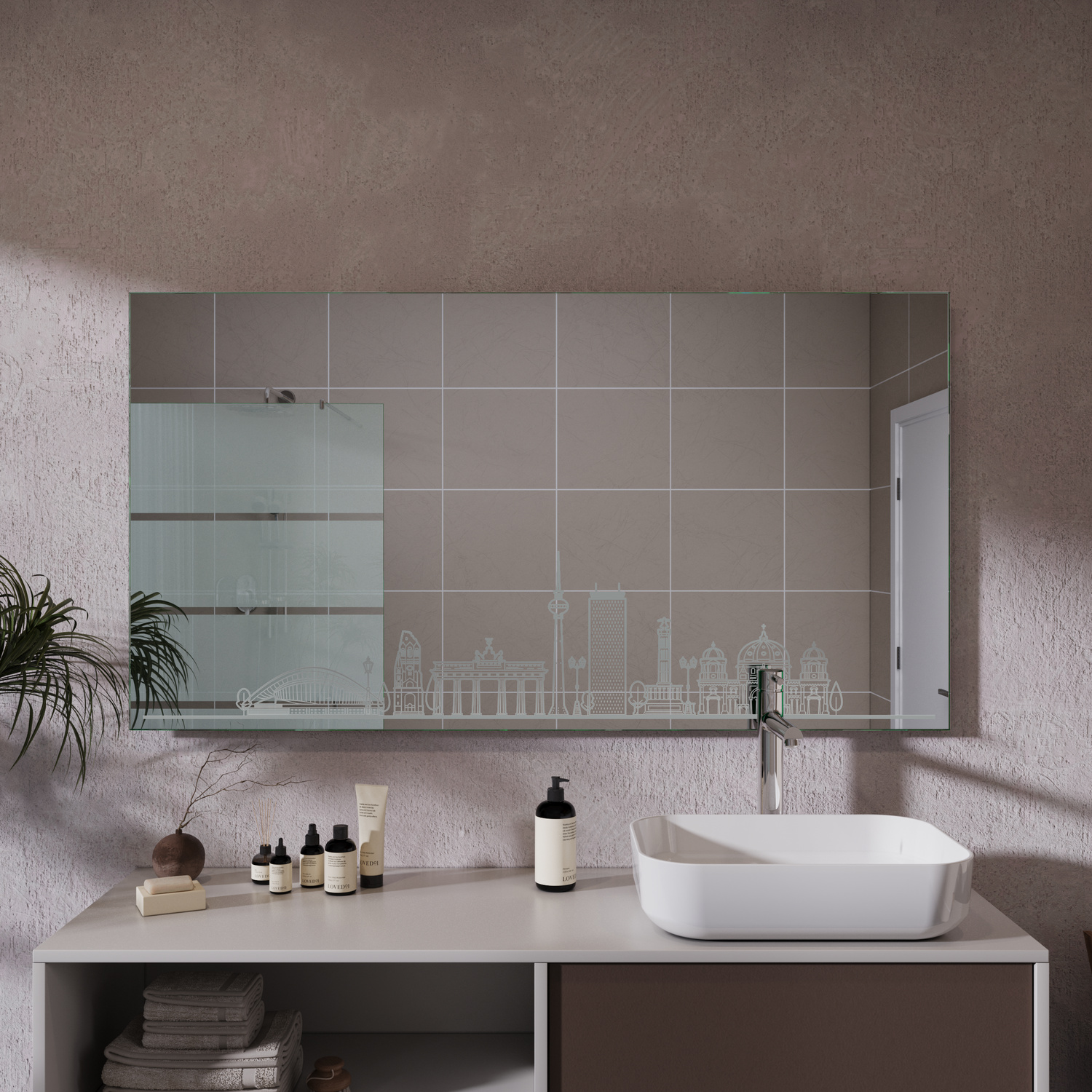 SKYBERLIN1 rechteckiger LED-Badspiegel mit ausgeschalteter Beleuchtung, 1500x1500 mm, über weißem Aufsatzwaschbecken auf hellem Waschtisch mit offenem Regalfach und brauner Schublade, modernes Bad mit hellgrauen Fliesen