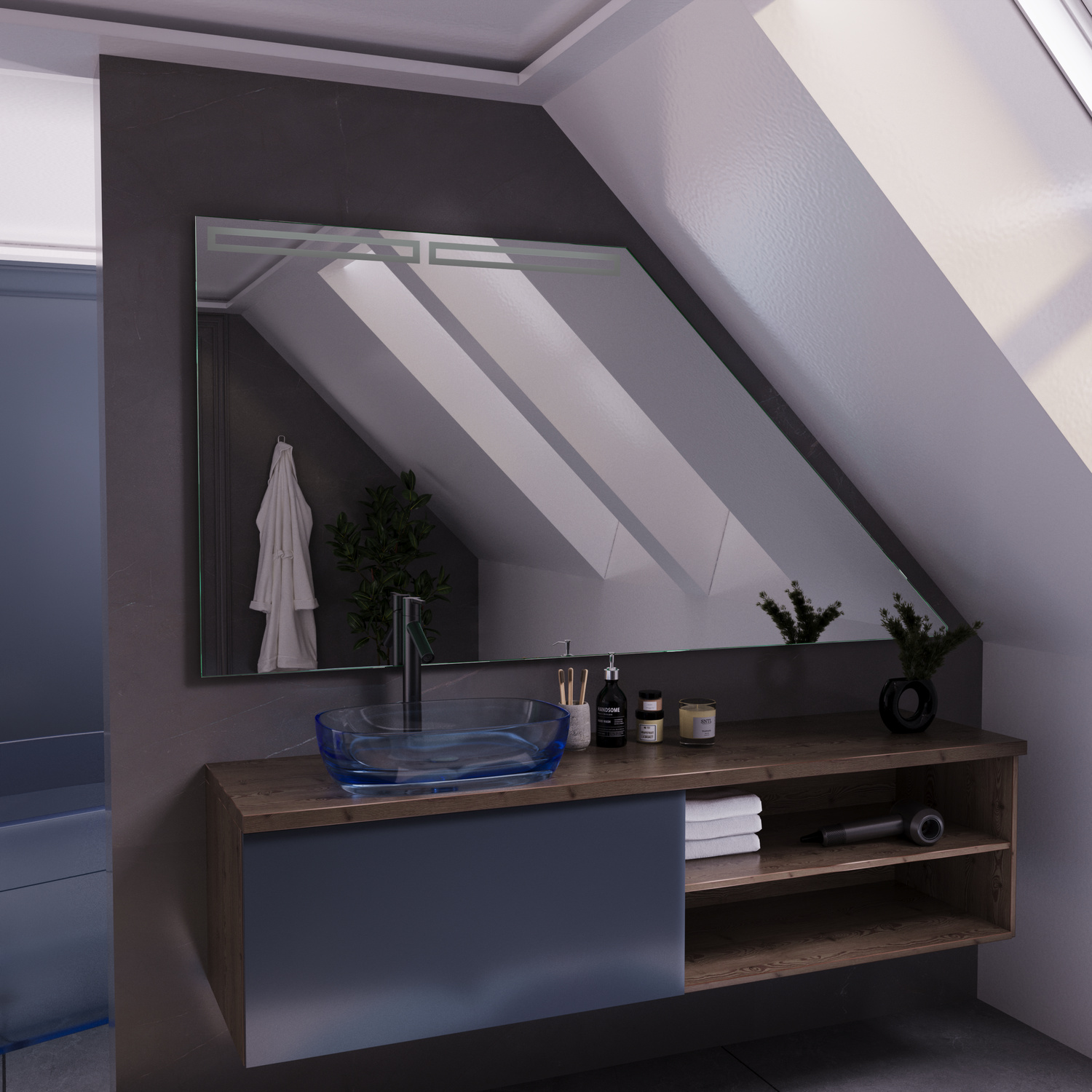 ROUBAY DS Waschtisch ausgeschaltet, 1500x1500 mm, schwebender Waschtisch mit integriertem Becken unter Dachschräge, rechteckiger Badspiegel an dunkelgrauer Wand, offene Holzregale, Dachfenster, hellgraue Wände, modernes minimalistisches Bad