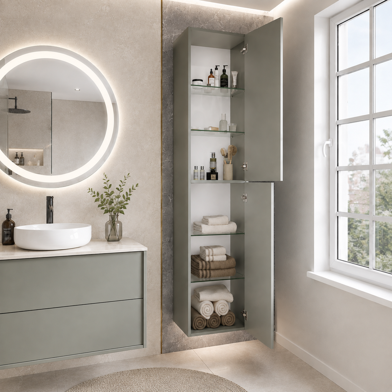 Geöffneter wandhängender Hamburg 03 Bad-Hochschrank in mattem Greige mit vier verstellbaren ESG-Glasböden und Stauraum für Kosmetik und Handtücher – Dekoration nicht enthalten.