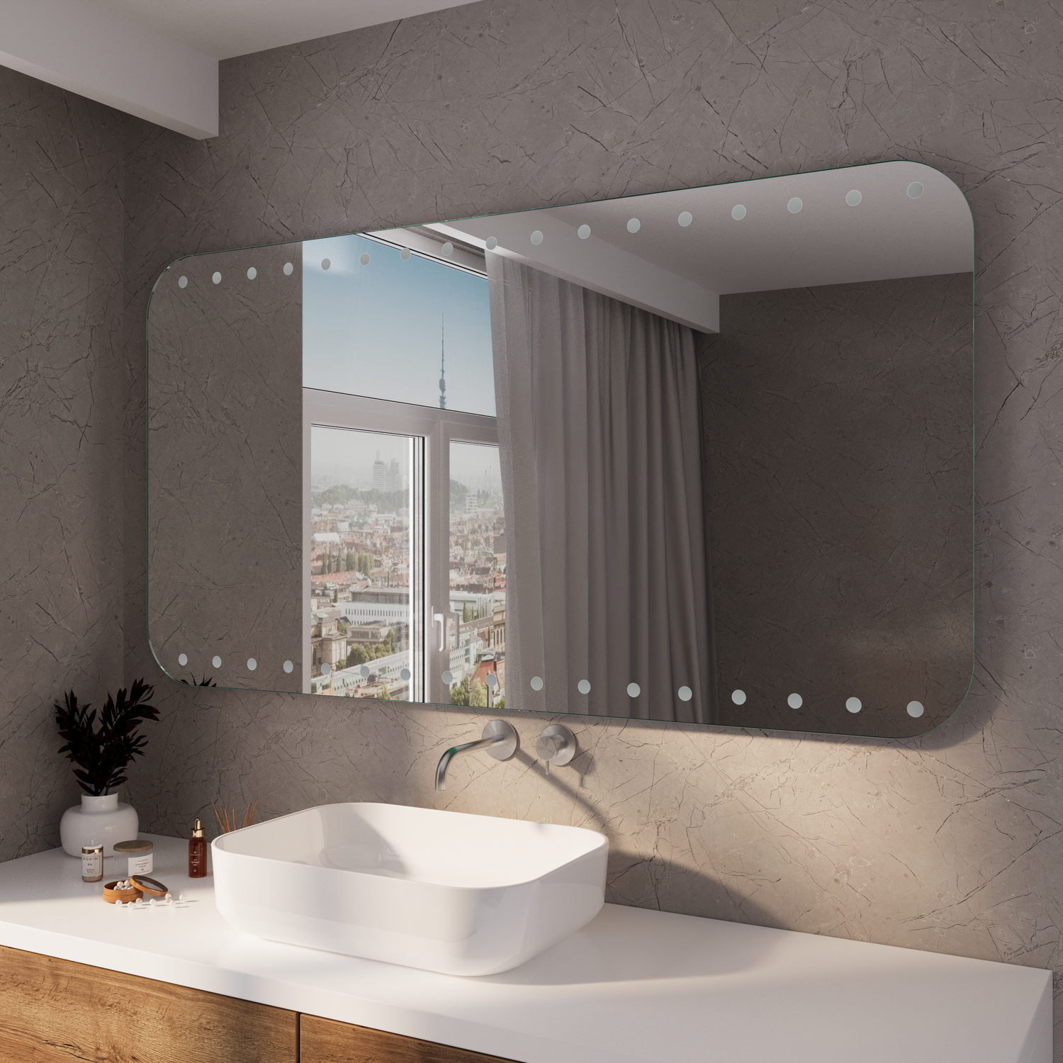 ACCRAS RAD LED-Badspiegel mit abgerundeten Ecken und Niet-Optik, 1500x1500 mm, Beleuchtung ausgeschaltet, wandmontiert über weißem Waschtisch mit rundem Aufsatzwaschbecken, Holzunterschrank, modernes Bad mit grauer Betonoptik-Wand
