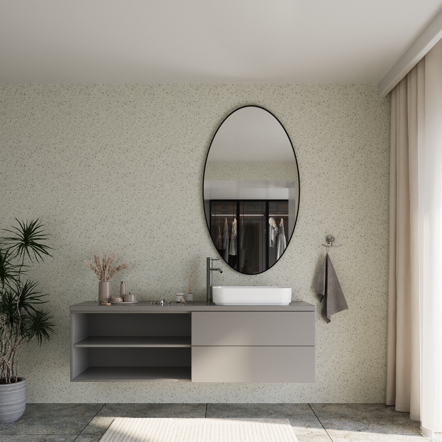 Ovaler Badspiegel mit schwarzem Metallrahmen in Weitwinkelansicht, 1500x1500 mm, über schwebendem zweifarbigem Waschtisch in Anthrazit-Beige mit weißem Aufsatzwaschbecken, Terrazzo-Wand, Grünpflanzen, Handtuch, helles modernes Bad mit Vorhang