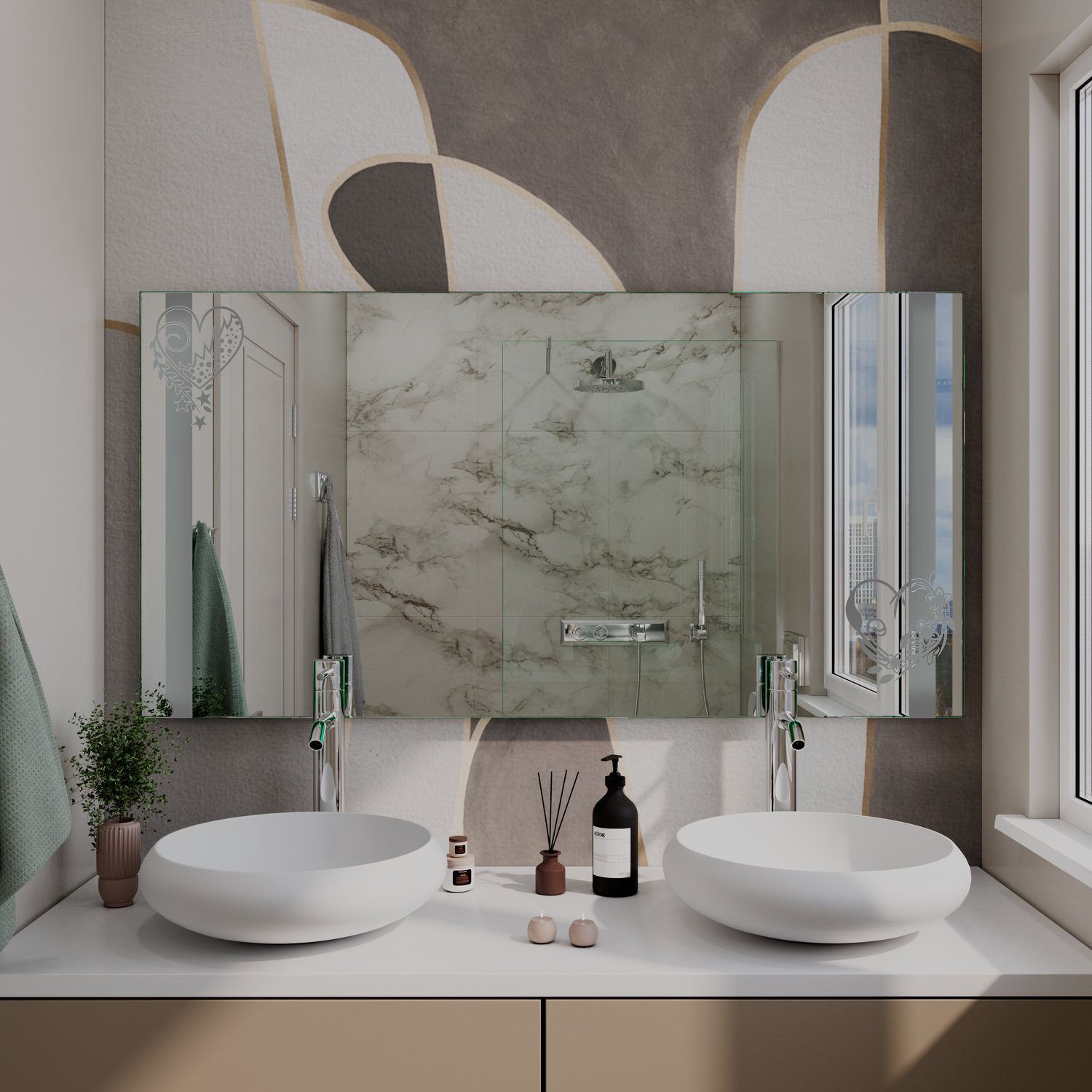 PRATO LED-Spiegelschrank mit ausgeschalteter Beleuchtung, 1500x1500 mm, dreiteilig mit seitlichen Flügeltüren, über zwei weißen ovalen Aufsatzwaschbecken auf weißem Waschtisch, graue Wand, Marmor-Rückwand, Pflanzen, modernes Bad mit Pendelleuchten