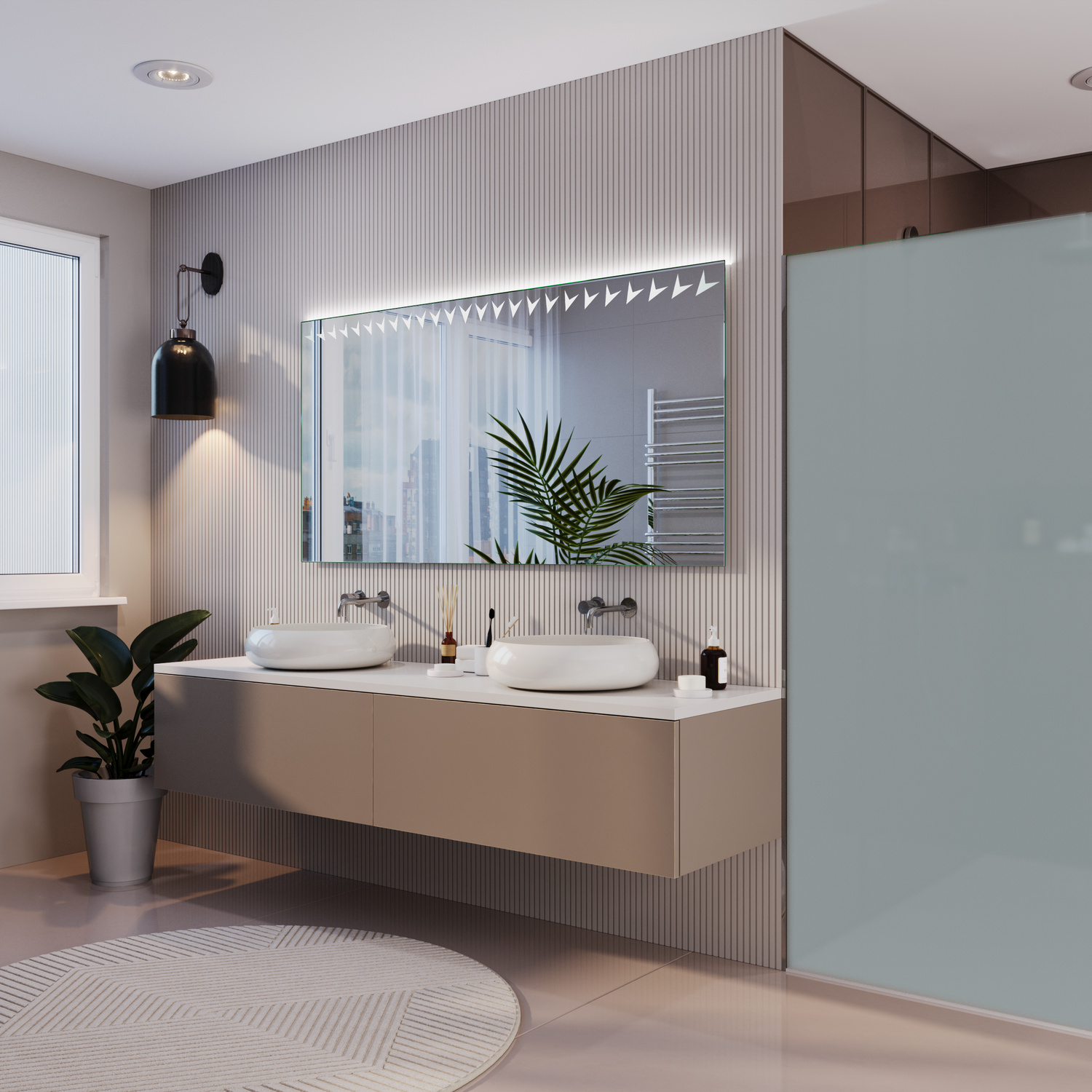 Brix rechteckiger LED-Badspiegel mit eingeschalteter warmweißer Punktbeleuchtung, 1500x1500 mm, seitliche Ansicht, leuchtende LED-Punkte am oberen Rand, über Doppelwaschtisch mit zwei weißen Aufsatzwaschbecken auf beigem Waschtisch