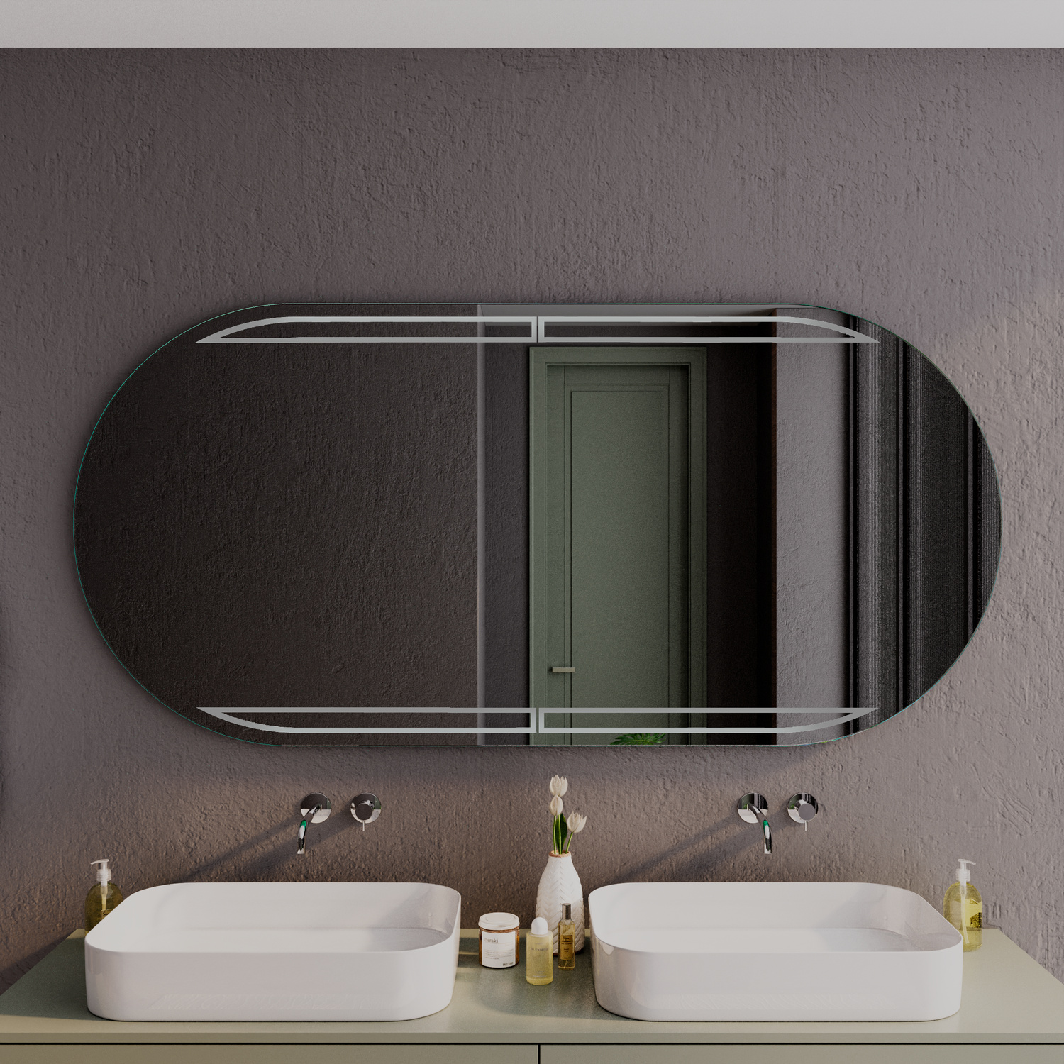 RAM OV LED-Badspiegel mit ausgeschalteter Beleuchtung, 1500x1500 mm, ovale Form mit geteilter Spiegelfläche, über zwei weißen rechteckigen Aufsatzwaschbecken auf weißem Waschtisch, dunkelgraue Wand, moderne Wandarmaturen, minimalistisches Bad, Nahaufnahme