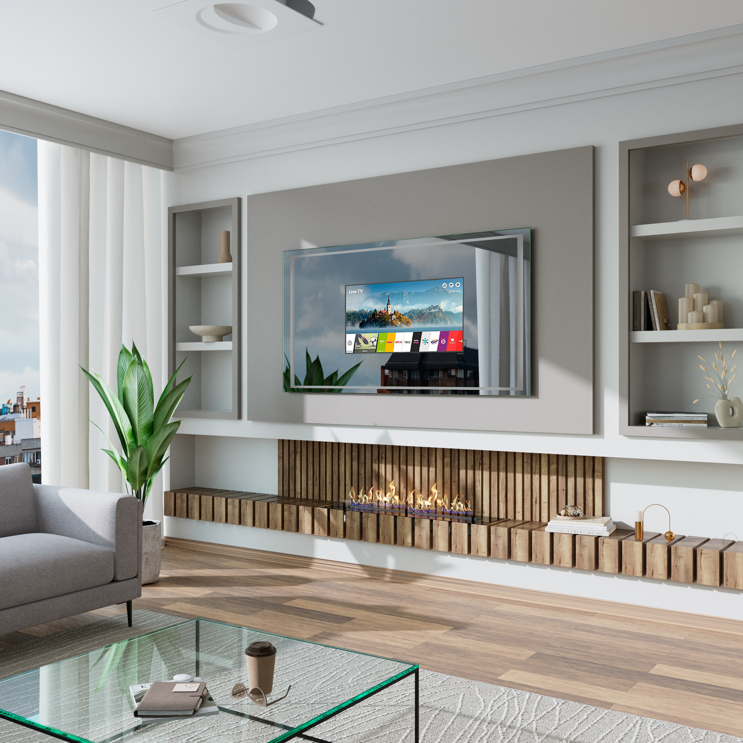 T413 TV-Spiegel 150x150 cm unbeleuchtet in Seitenansicht mit weißem Rahmen und eingeschaltetem Fernseher in modernem Wohnzimmer über Holzkamin mit seitlichen Regalen und Pflanzendekoration