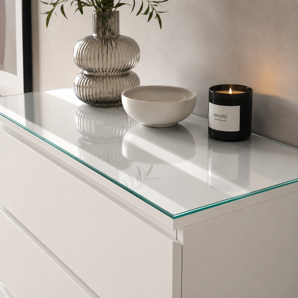Glasplatte für IKEA MALM Kommoden 80 x 48 cm Klarglas Detailansicht