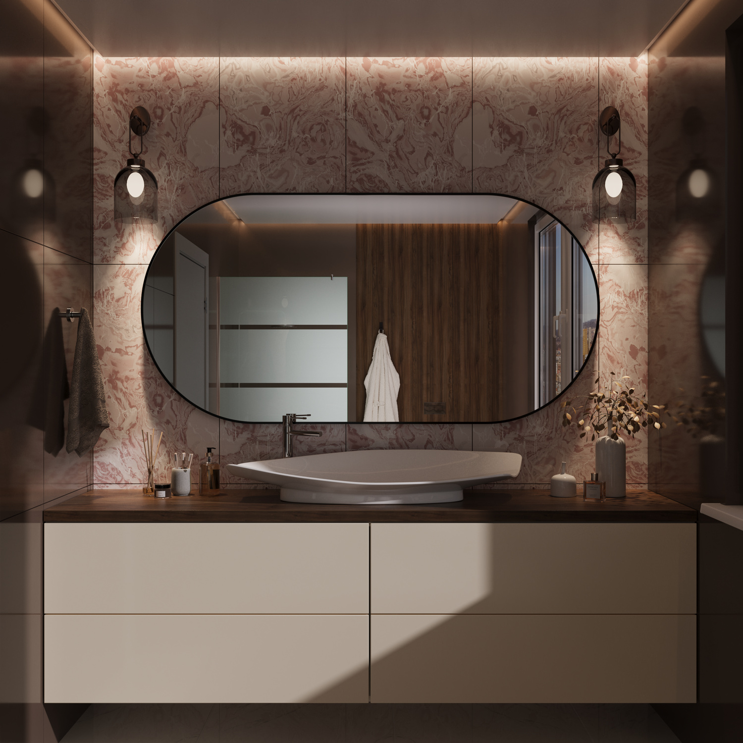 Oval Mirror Framed Front 03 1500x1500 ovaler Badspiegel mit schwarzem Metallrahmen in frontaler Ansicht über weißem Aufsatzwaschbecken und zweifarbigem schwebendem Waschtisch in modernem Badezimmer mit hinterleuchteter marmorierter Wandverkleidung und Wan