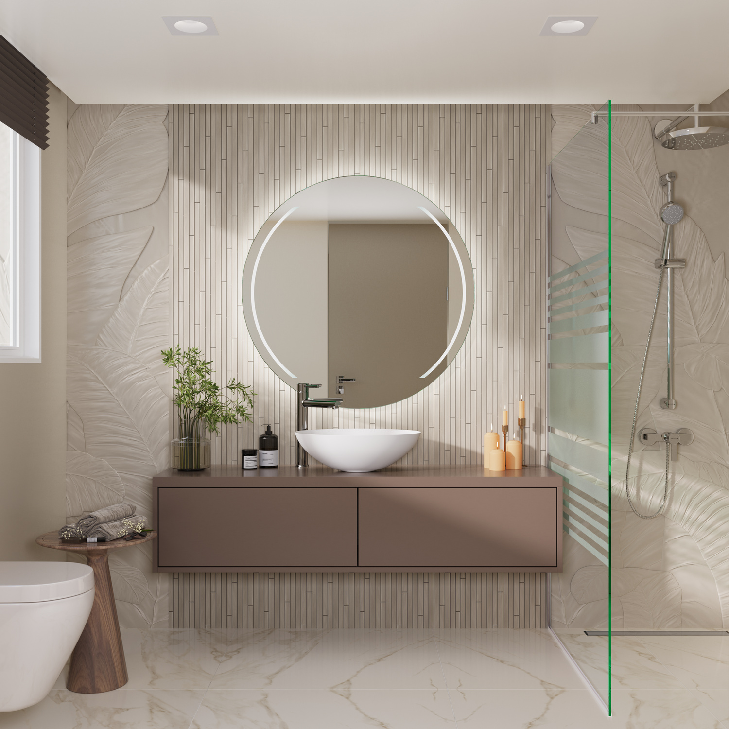 ASIR runder LED-Badspiegel mit eingeschalteter Beleuchtung, 1500x1500 mm, leuchtend mit warmweißem Lichtrahmen, über weißem Aufsatzwaschbecken auf grauem Waschtisch, luxuriöses Bad mit beiger gerillter Wand, Grünpflanze, Glasdusche, Badewanne und Kerzen