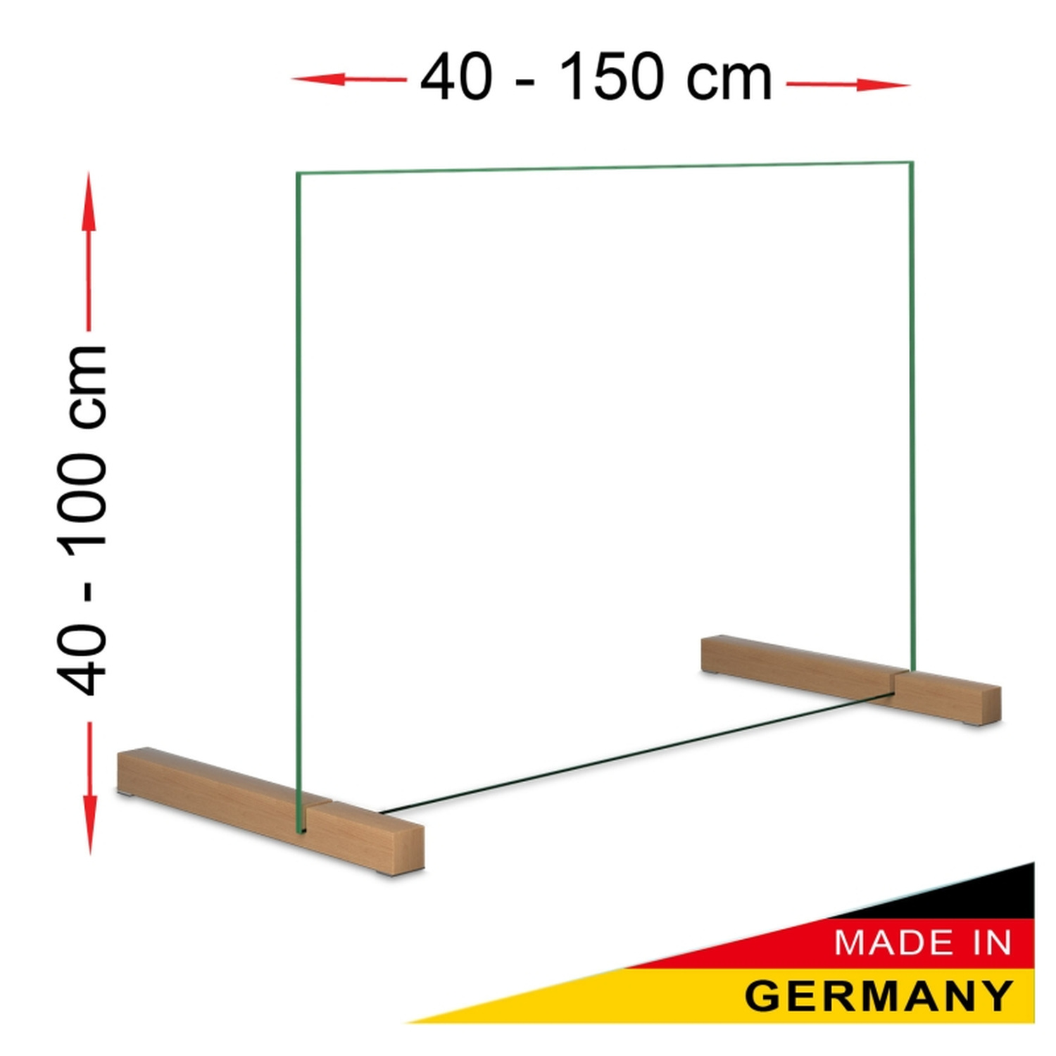 Technische Zeichnung der ESG-Hygieneschutzwand F1 mit Maßangaben: Breite 40-150 cm, Höhe 40-100 cm, Made in GermanyRetry