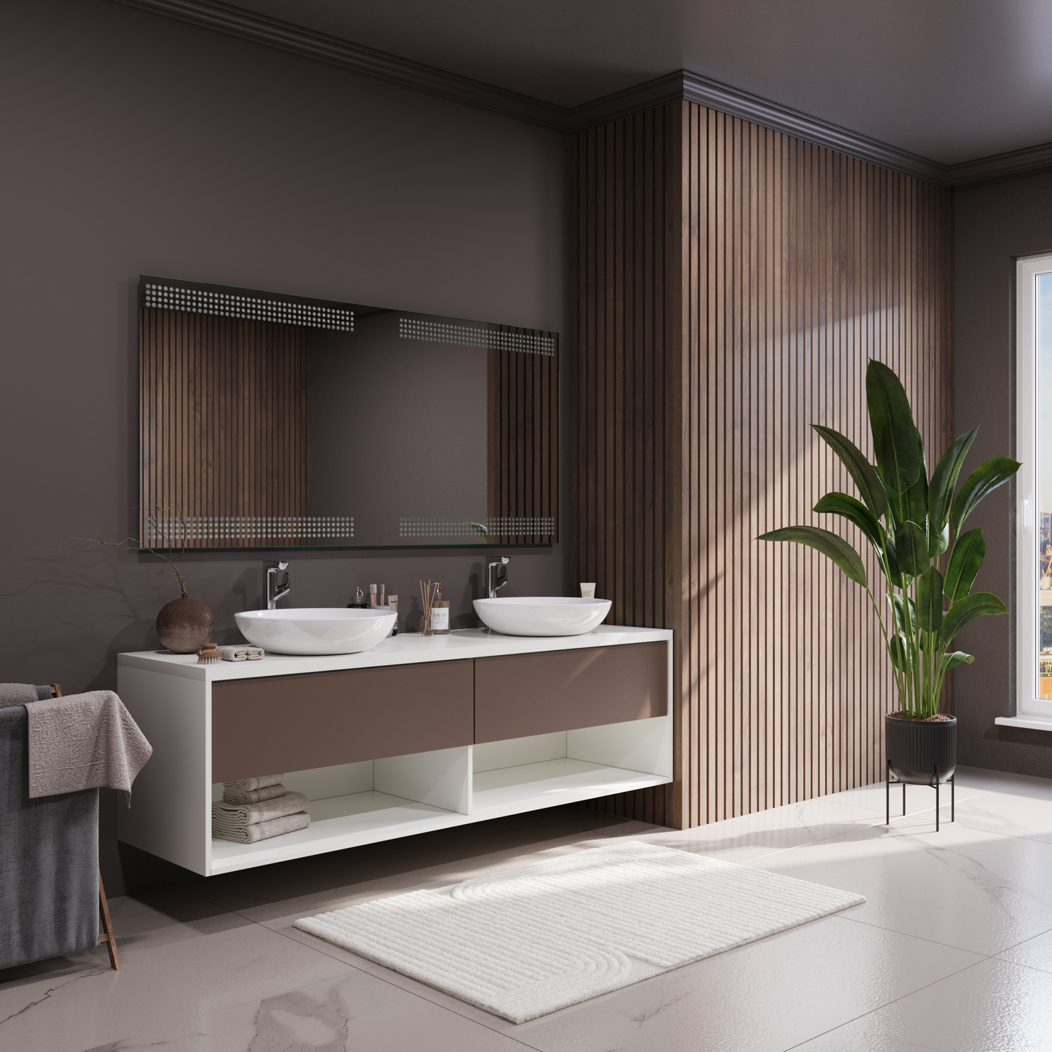 ARZON rechteckiger LED-Badspiegel mit ausgeschalteter Beleuchtung, 1500x1500 mm, Seitenansicht mit weißem Rahmen und Punktmuster-Detail, über Holzwaschtisch mit weißem ovalem Aufsatzwaschbecken und hoher Standarmatur, helles Bad