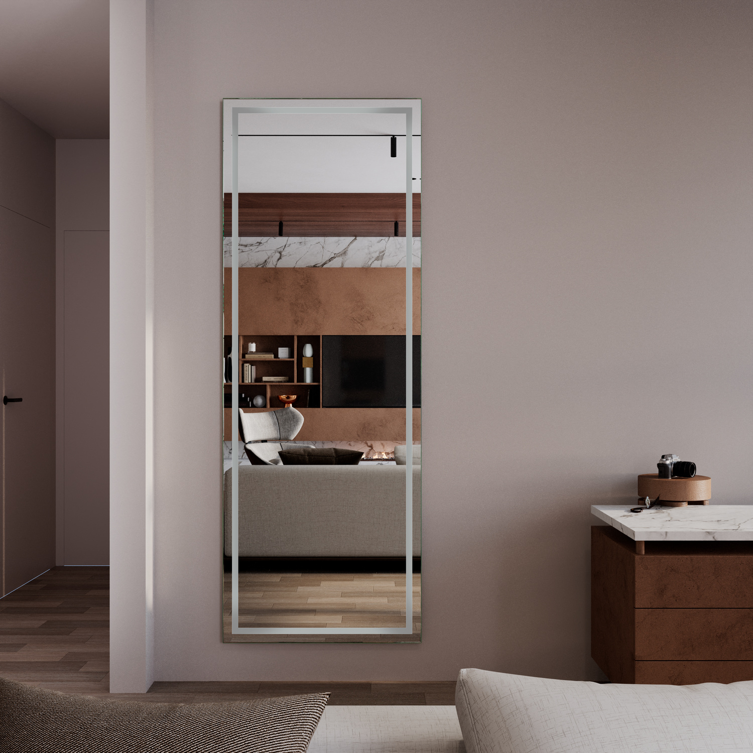 NANTES LightsOff 1500x1500 rechteckiger Standspiegel mit ausgeschalteter Beleuchtung und weißem Rahmen in modernem Schlafzimmer mit Blick ins BadezimmerRetry