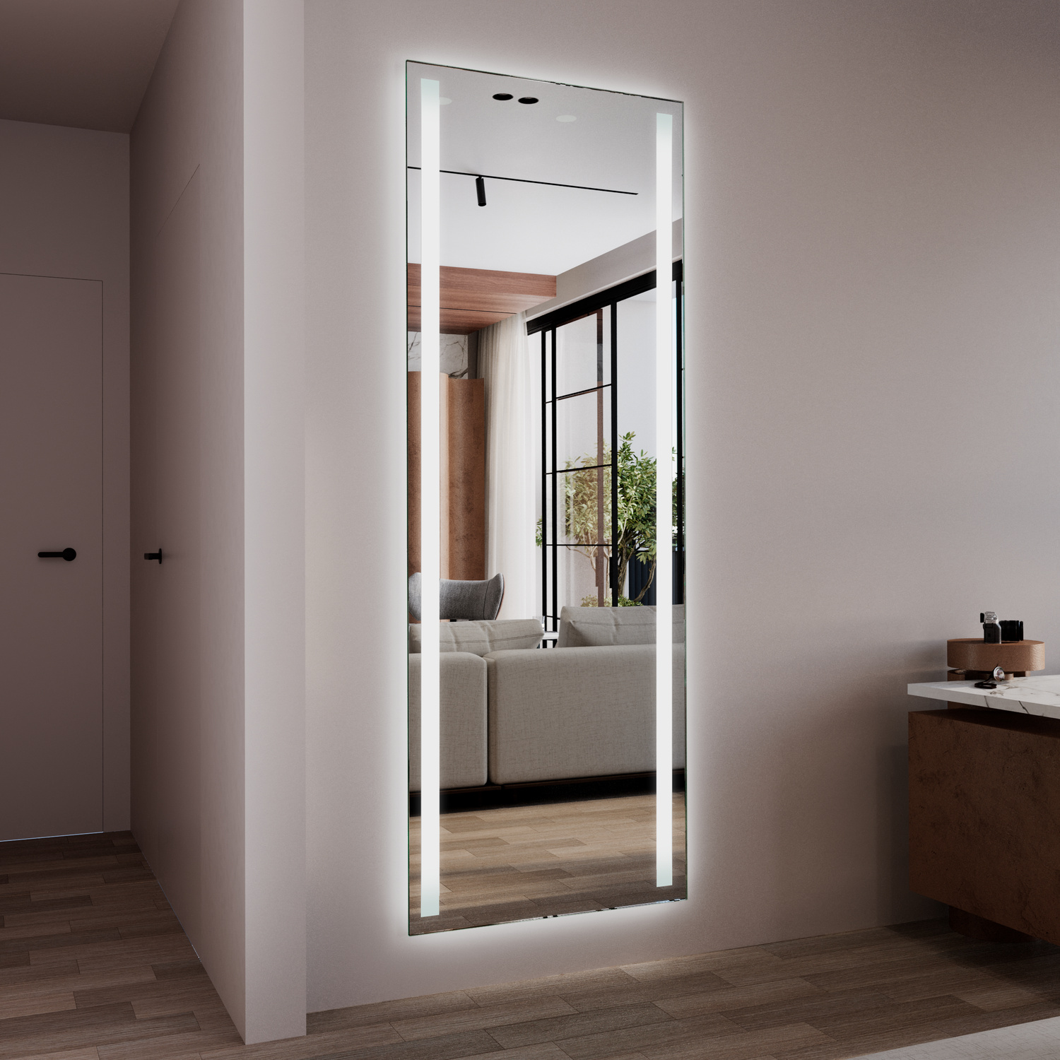 ALMADEN beleuchteter Standspiegel 1500x1500 mm mit weißem Rahmen in seitlicher Perspektive und LED-Beleuchtung mit Spiegelung von Wohnraum und großem FensterRetry