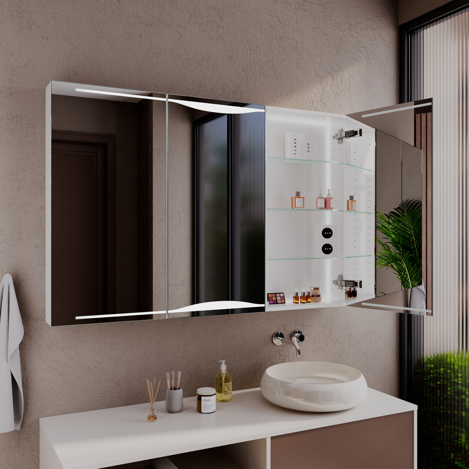 AVA rechteckiger LED-Spiegelschrank mit eingeschalteter Beleuchtung, 1500x1500 mm, leuchtend mit warmweißem Lichtrahmen, geöffnete Schiebetüren mit Innenregal, über zweifarbigem Waschtisch mit weißem rundem Aufsatzwaschbecken