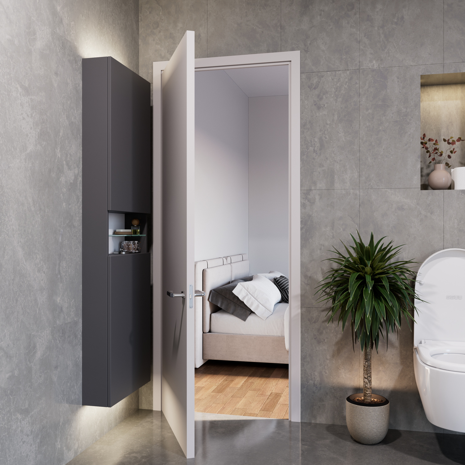 Platzsparender Hochschrank hinter der Tür mit Glasböden – ideal als schmaler Stauraum für kleine Badezimmer.