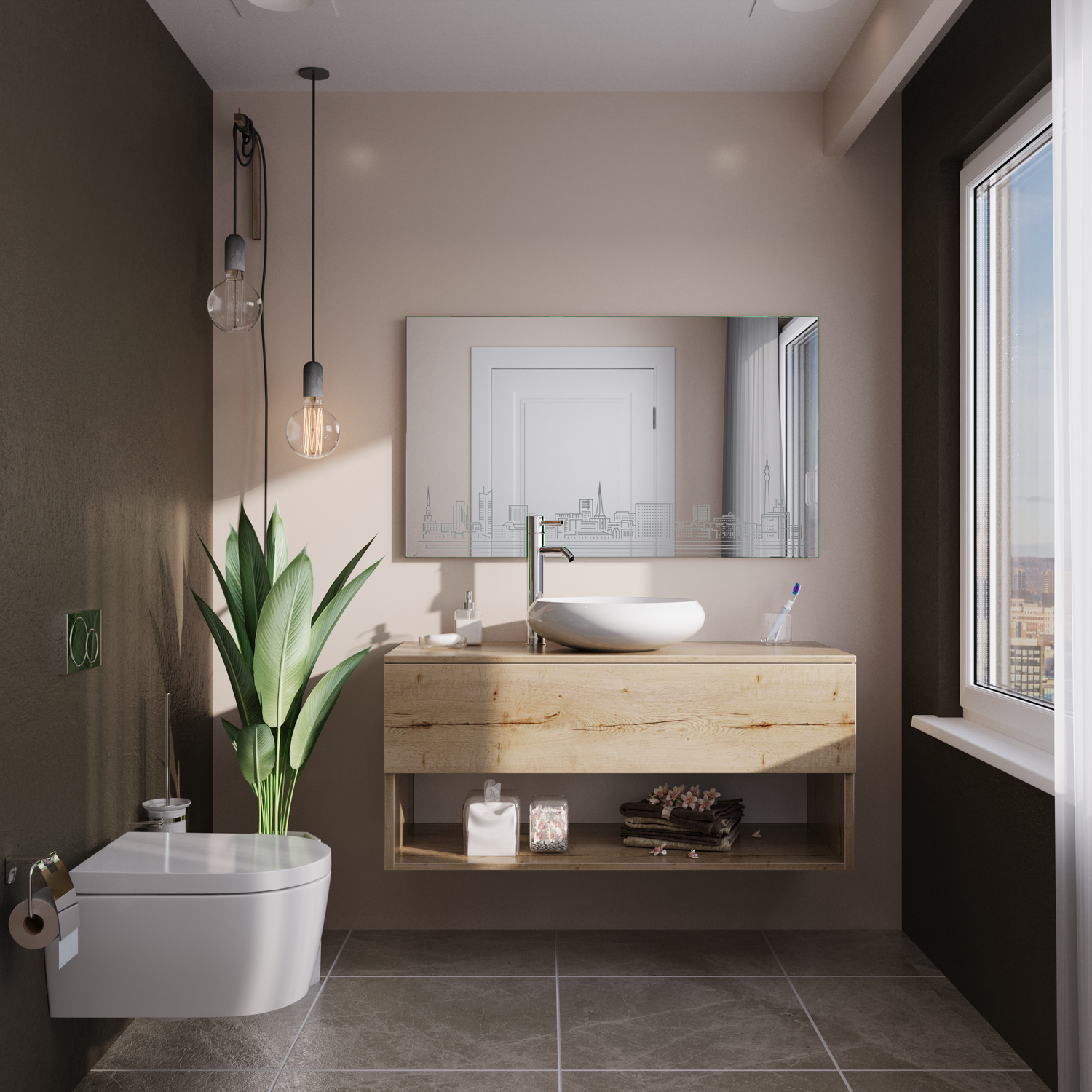 SKYDORTMUND1 rechteckiger LED-Badspiegel mit ausgeschalteter Beleuchtung, 1500x1500 mm, über weißem Aufsatzwaschbecken auf Holzwaschtisch mit offenem Regalfach, modernes Bad mit dunkelgrauen Wänden, Wand-WC und Pflanzen