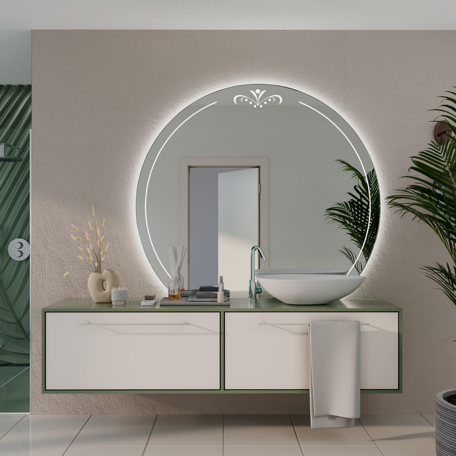 LDR505 C1 Rundspiegel 150x150 cm beleuchtet mit umlaufender LED-Hintergrundbeleuchtung über modernem weißem Waschtisch mit asymmetrischem Design und weißem Aufsatzwaschbecken in minimalistischem Badezimmer