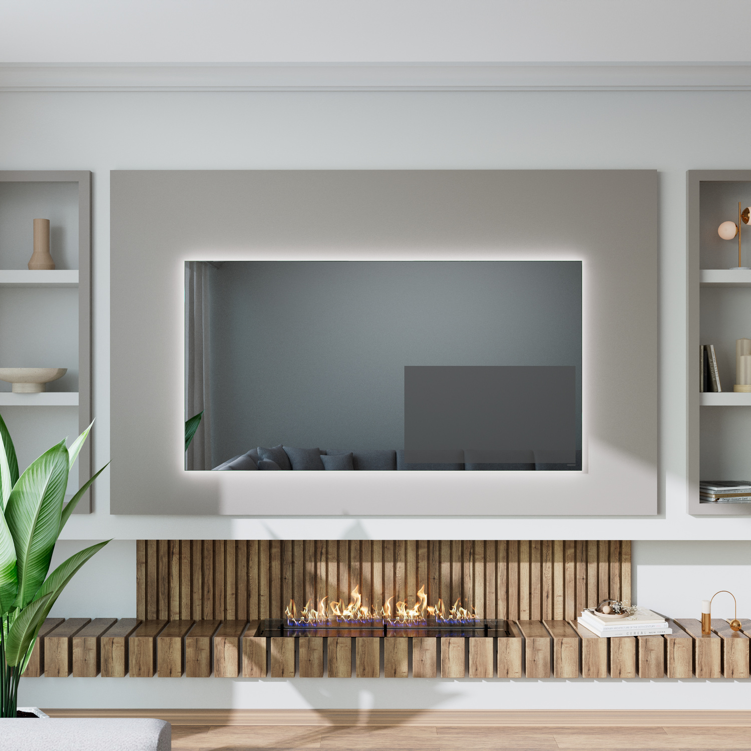 TV-Wandpaneel mit LED-Hintergrundbeleuchtung eingeschaltet, 1500x1500 mm, rechteckiges Panel mit warmweißer umlaufender LED-Beleuchtung an hellgrauer Wand, TV-Gerät ausgeschaltet, Holzkamin darunter, weiße Regale, Pflanze, modernes elegantes Wohnzimmer