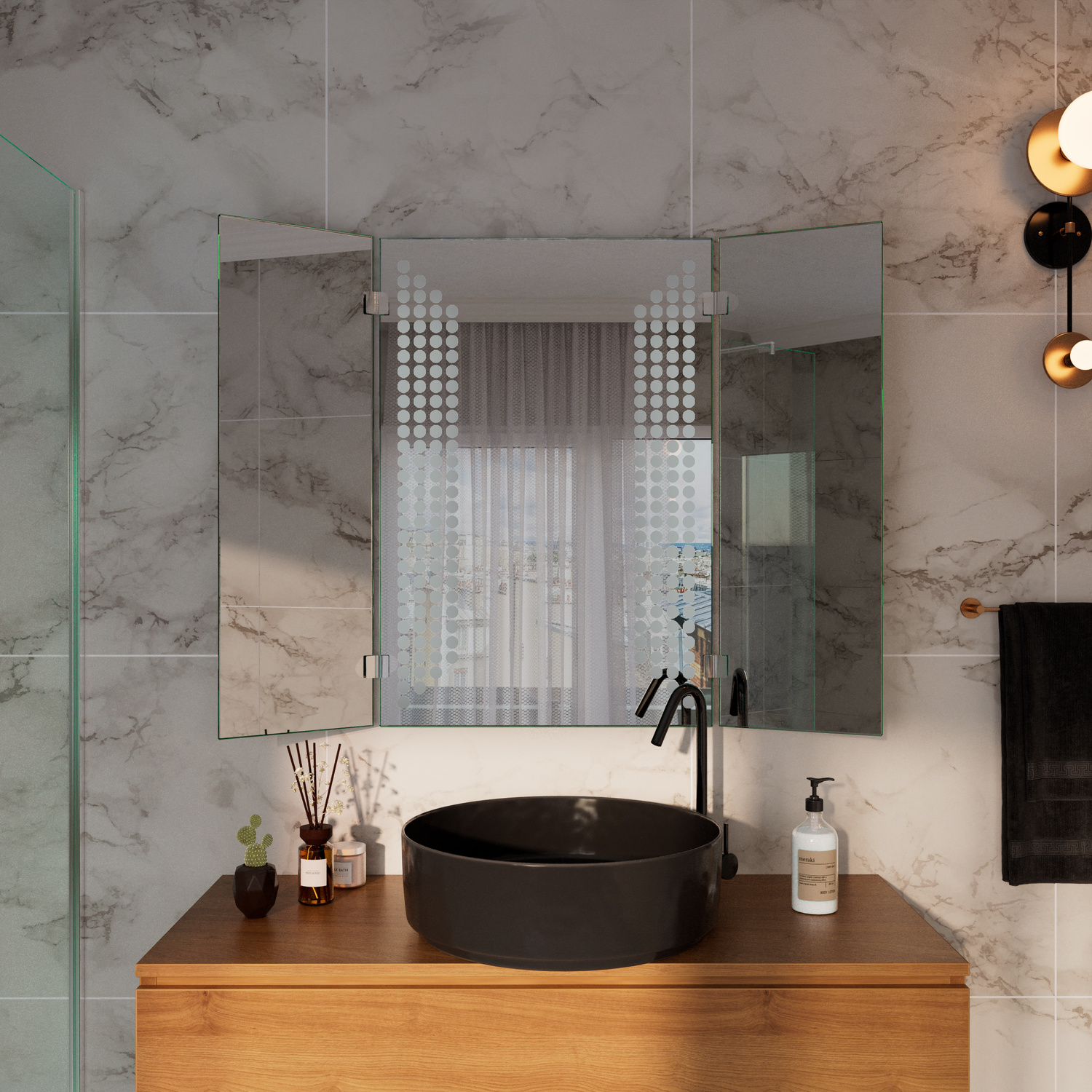 LAGOS rechteckiger LED-Badspiegel mit zwei perforierten LED-Lichtleisten oben, 1500x1500 mm, Beleuchtung ausgeschaltet, über Holzwaschtisch mit schwarzem rundem Waschbecken, schwarzer Armatur, Marmorfliesen, Glasduschkabine, goldene Leuchten, elegantes Ba