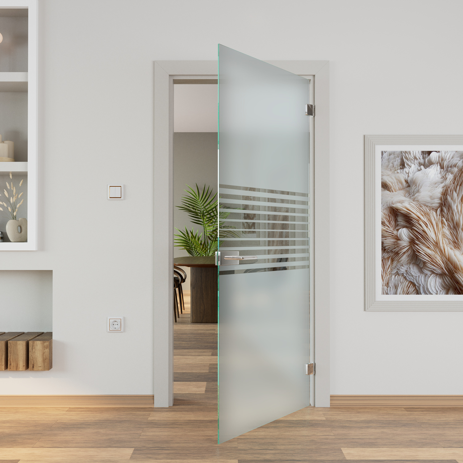 Grazioso Glastür mit Streifendekor, 1500x1500 mm, geöffnete Ansicht, satiniertes Glas mit horizontalen Klarsichtstreifen, Aluminiumrahmen, Durchgang zum dahinterliegenden Raum mit Pflanze sichtbar, moderne Wohnraumgestaltung mit Parkettboden