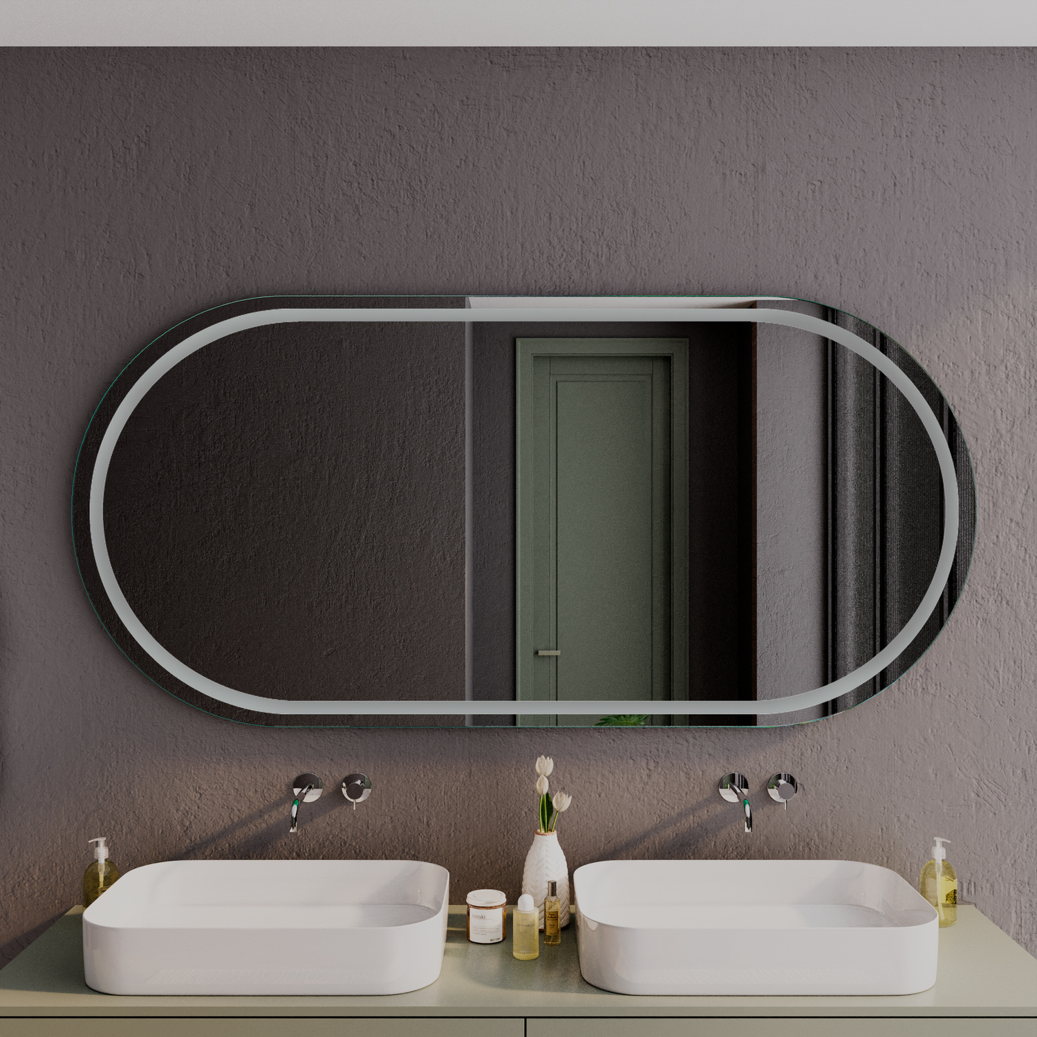 Wandspiegel TOULON OV ohne Beleuchtung, Nahaufnahme, ovale Form mit dunklem Rahmen, über Doppelwaschtisch mit zwei weißen rechteckigen Aufsatzwaschbecken, silberfarbene Wandarmaturen, dunkelgraue Wand, minimalistisches Badezimmer