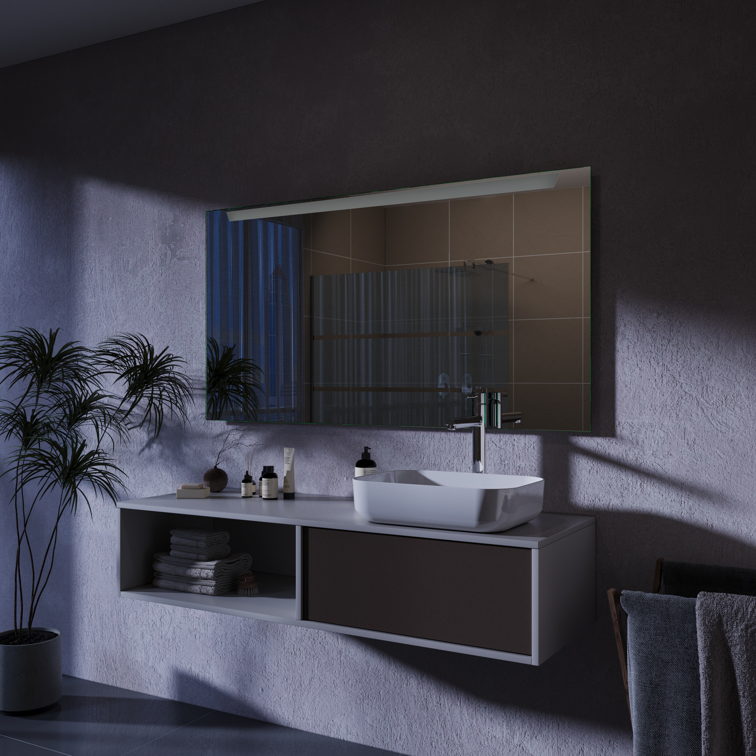 CAMBRILS LED-Badspiegel mit ausgeschalteter Beleuchtung, 1500x1500 mm, rahmenlos, Nachtaufnahme in dunkelblauem Licht, über zweifarbigem schwebendem Waschtisch mit weißem rechteckigem Waschbecken, modernes Bad mit Betonwand