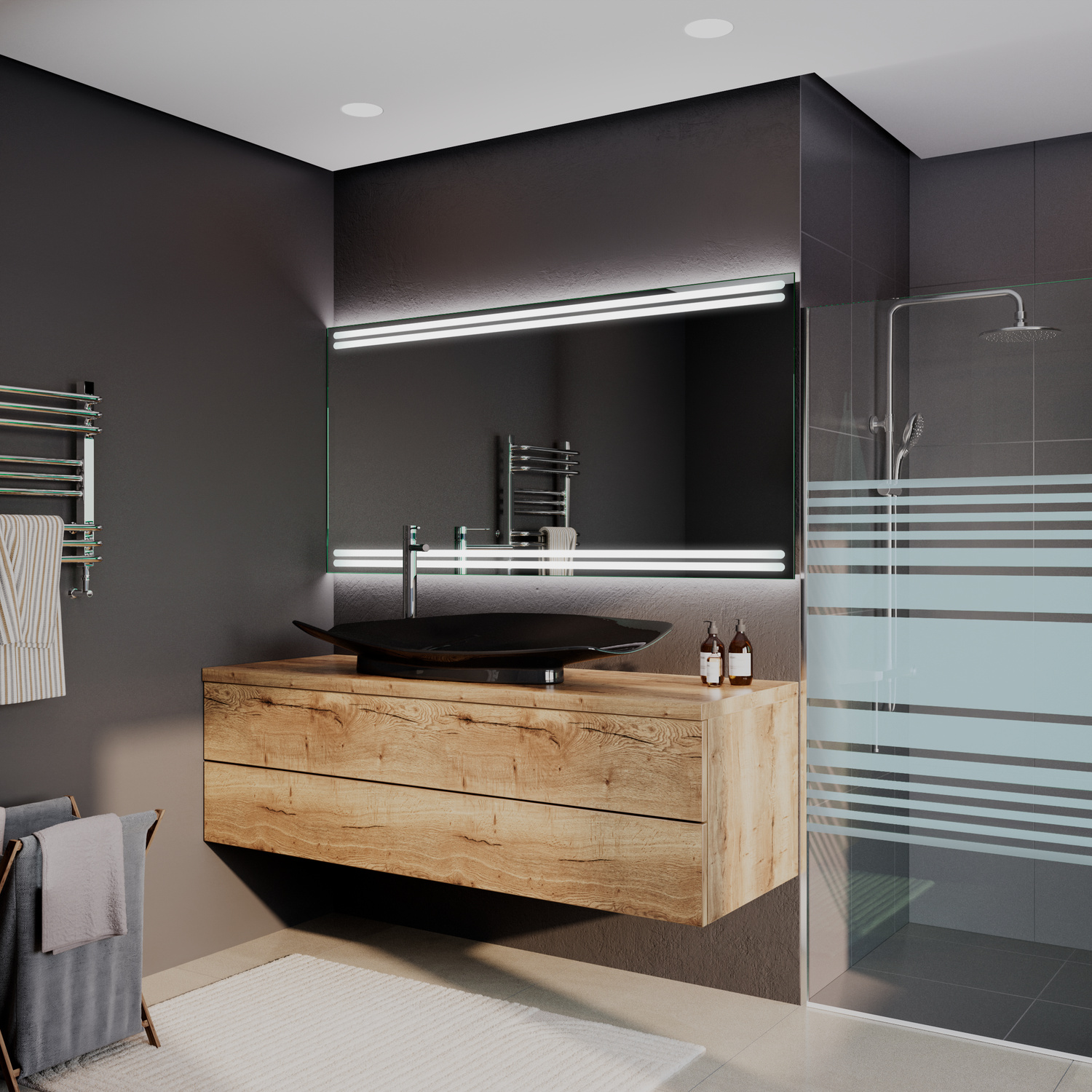 Jandia rechteckiger Wandspiegel mit eingeschalteter LED-Beleuchtung, 1500x1500 mm, Seitenansicht mit leuchtenden horizontalen LED-Lichtleisten oben und unten, Doppelspiegel über schwebendem Doppelwaschtisch mit zwei weißen runden Aufsatzwaschbecken, elega