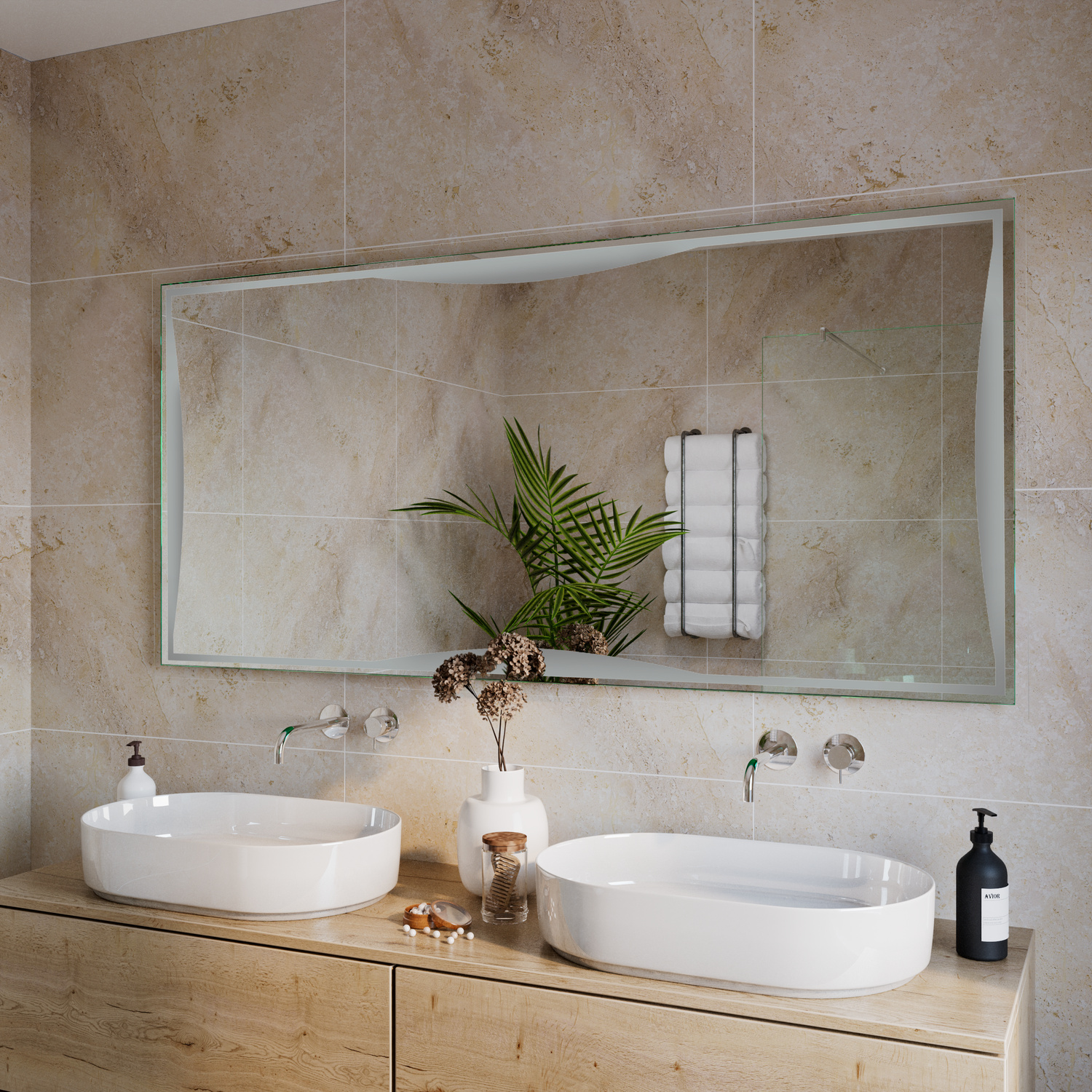 ASTI rechteckiger LED-Badspiegel mit ausgeschalteter Beleuchtung, 1500x1500 mm, Seitenansicht mit weißem Rahmen, über Holz-Doppelwaschtisch mit zwei weißen rechteckigen Aufsatzwaschbecken und Wandarmaturen, elegantes Bad