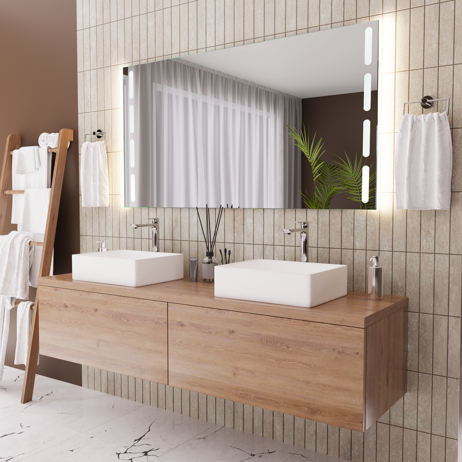 PUNTA PRIMA rechteckiger LED-Badspiegel mit eingeschalteter Beleuchtung, 1500x1500 mm, leuchtend mit seitlichen Lichtstreifen, über hellem Holzwaschtisch mit zwei weißen rechteckigen Aufsatzwaschbecken, modernes Bad mit Holzleiter, Seitenansicht