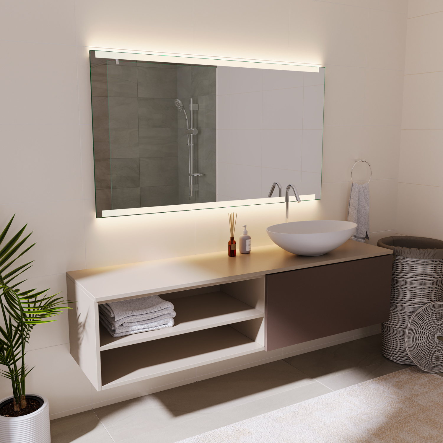 BIOT beleuchteter Badezimmerspiegel 1500x1500 mm in seitlicher Perspektive mit LED-Beleuchtung über Waschtisch mit Aufsatzwaschbecken und integriertem StauraumRetry