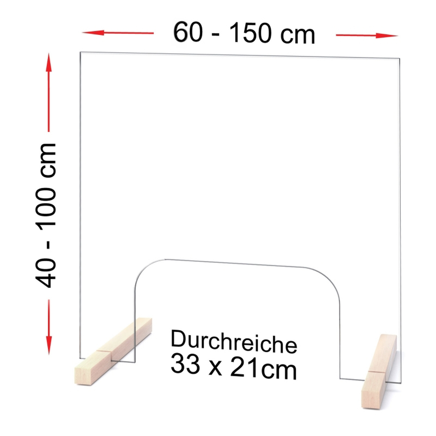 Maßangaben der Hygieneschutzwand aus ESG-Glas mit Durchreiche 33 x 21 cm, Breite 60-150 cm, Höhe 40-100 cmRetry