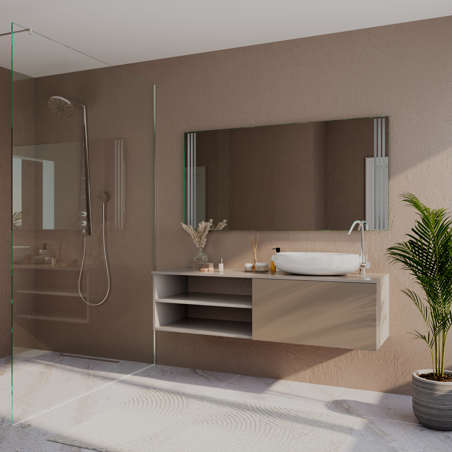 PORTO PETRO rechteckiger LED-Badspiegel mit ausgeschalteter Beleuchtung, 1500x1500 mm, über hellem Holzwaschtisch mit weißem Aufsatzwaschbecken, wandmontiert, modernes Bad mit Duschbereich und beige-brauner Wandgestaltung, Seitenansicht