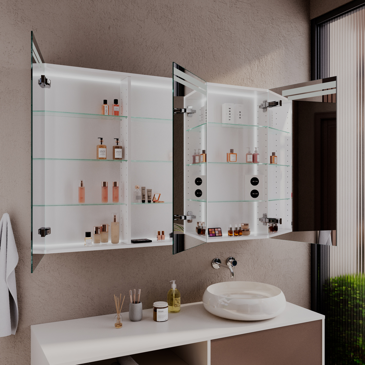 KOPERVIK Spiegelschrank mit drei geöffneten Türen und eingeschalteter Innenbeleuchtung, 1500x1500 mm, beleuchtete Glasregale mit Kosmetikprodukten, über weißem Aufsatzwaschbecken auf Waschtisch, modernes Bad in Taupe