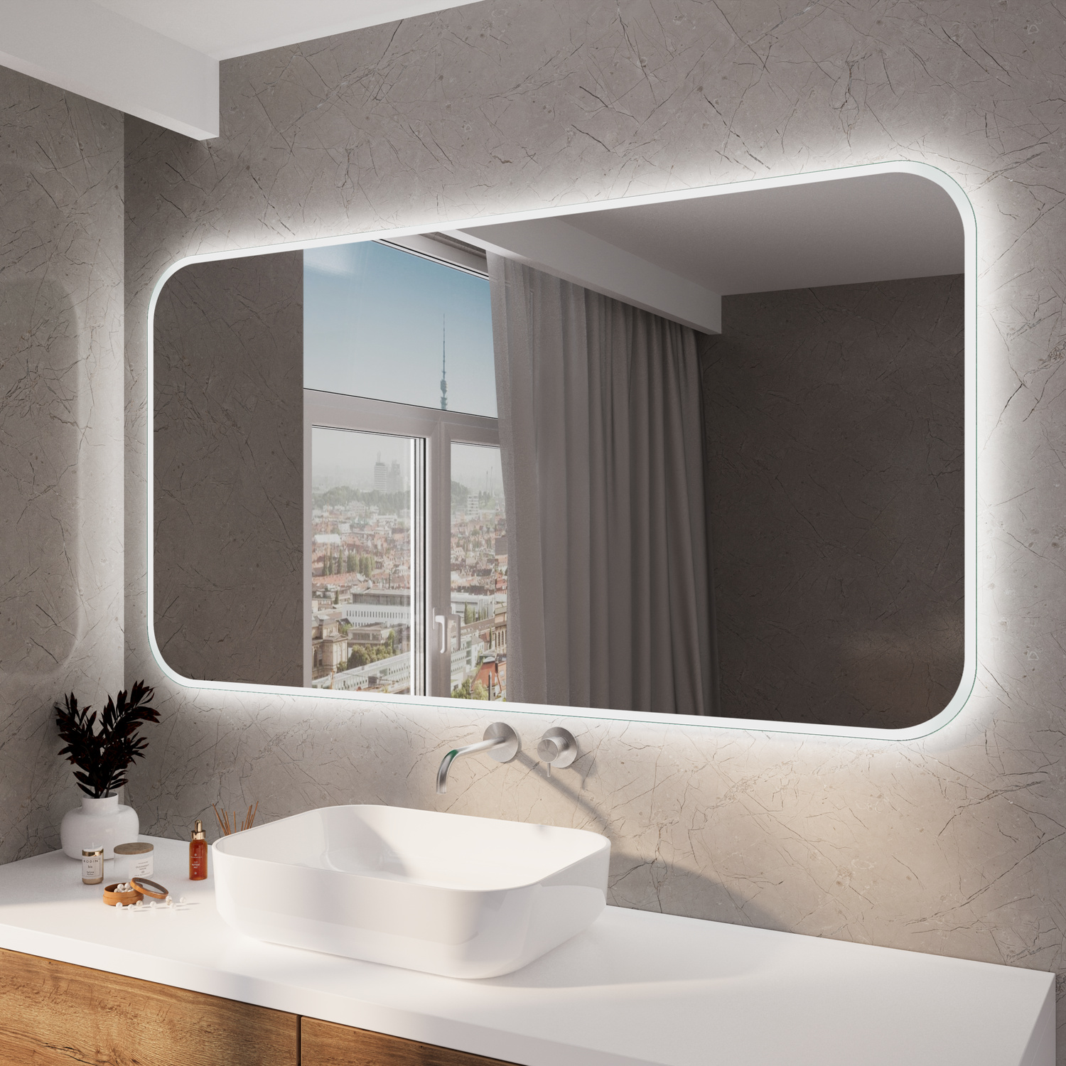 SETERAD15 LED-Badspiegel mit eingeschalteter Beleuchtung über weißem Waschtisch und Holzunterschrank in modernem BadezimmerRetry