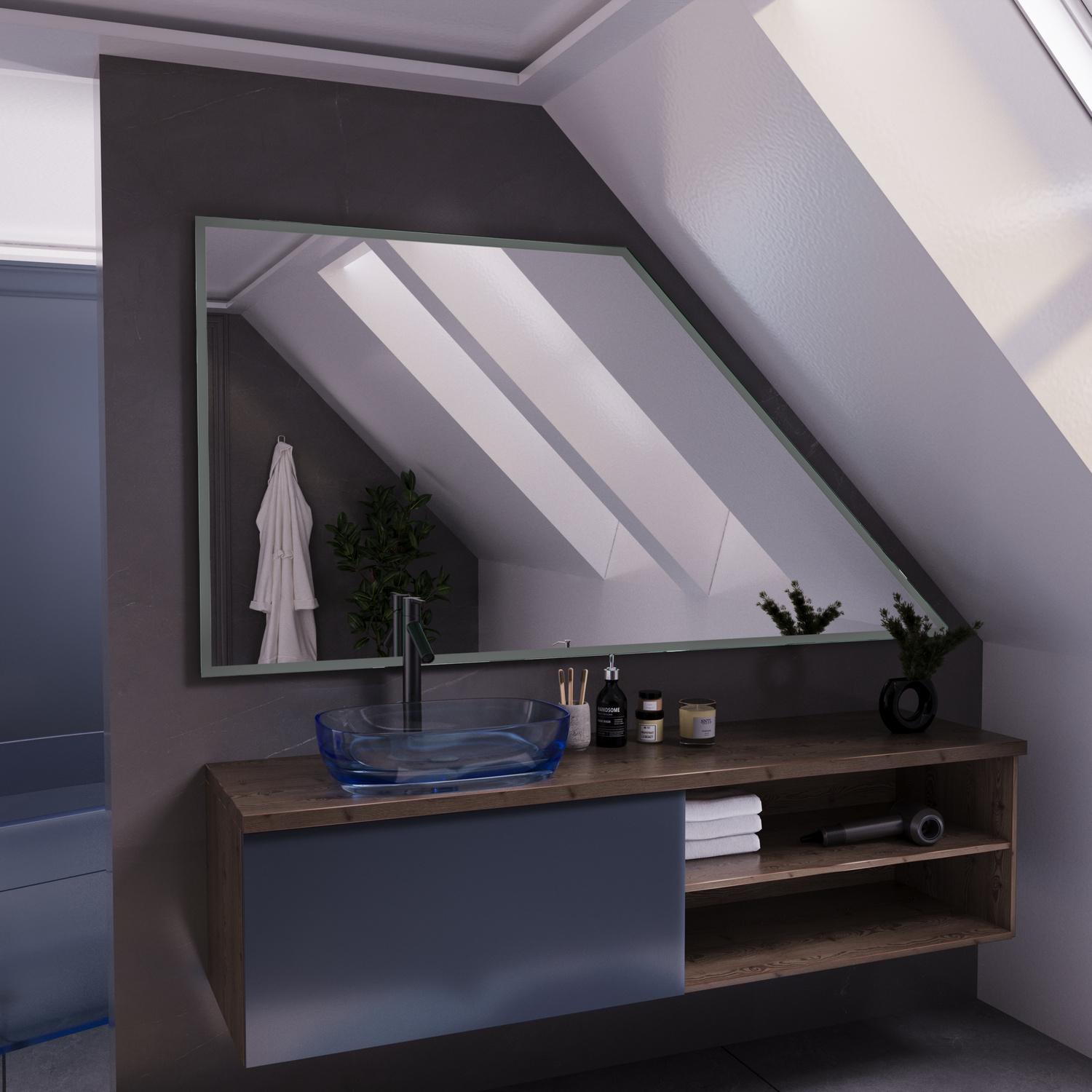 Badspiegel Sete DS15 mit ausgeschalteter Beleuchtung über einem modernen Waschtisch mit Holzelementen in einem stilvollen Dachbad mit DachschrägeRetry