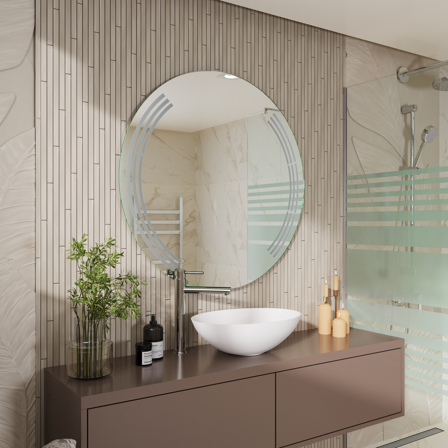 Amica runder LED-Badspiegel mit ausgeschalteter Beleuchtung, 1500x1500 mm, seitliche Ansicht, über weißem Aufsatzwaschbecken auf grauem Waschtisch mit Schubladen, modernes Bad mit gerillter Wandverkleidung und Dusche