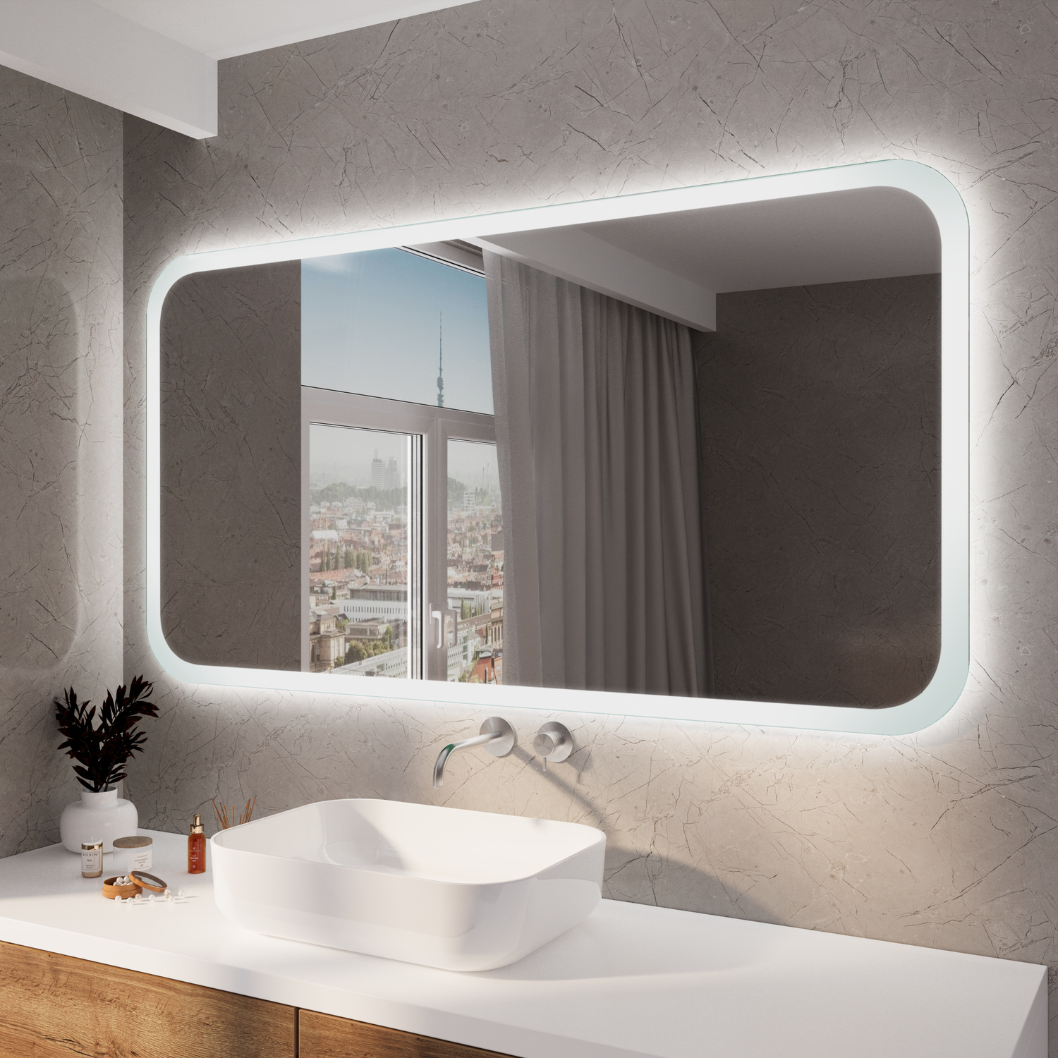 SETE RAD30 beleuchteter Badezimmerspiegel 1500x1500 mm mit 30 mm abgerundeten Ecken und LED-Beleuchtung in modernem Badezimmer mit weißem eckigem Aufsatzwaschbecken und FensterausblickRetry